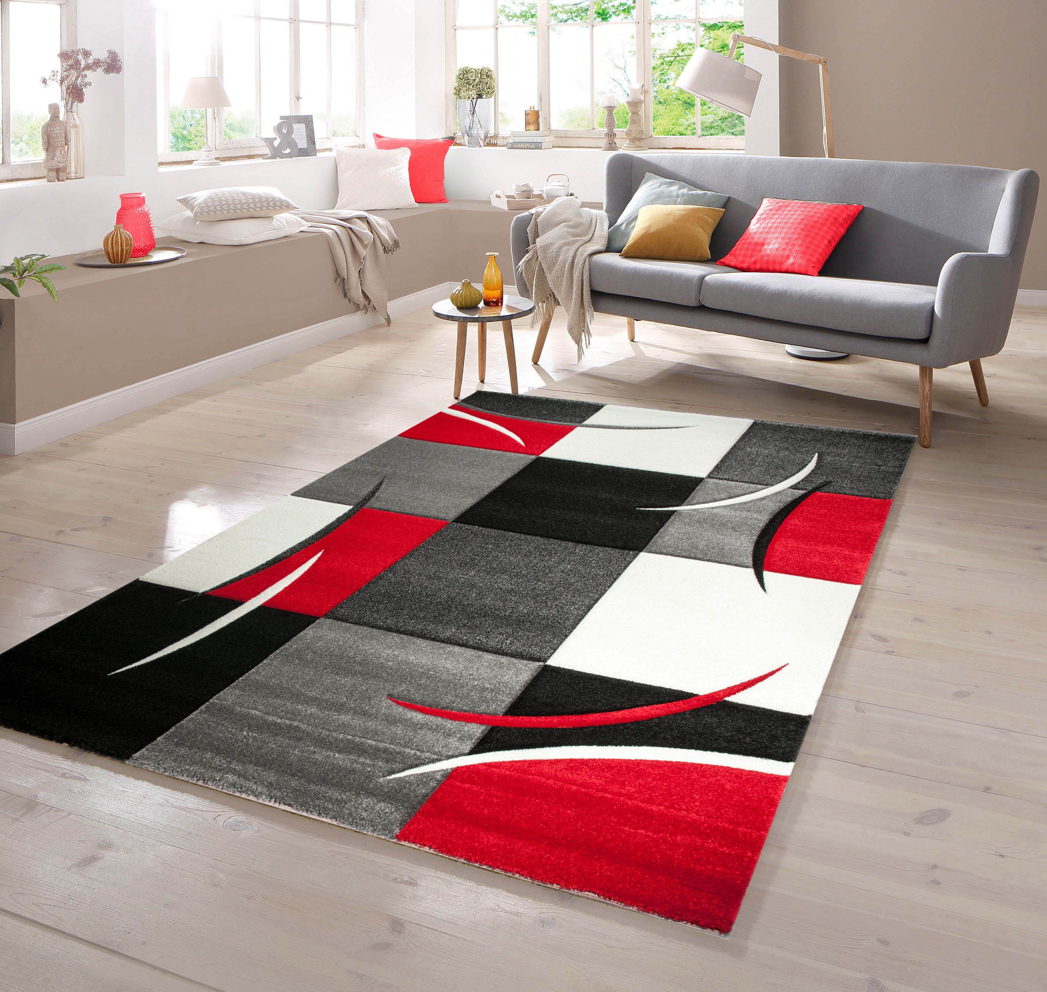 Teppich Designer Teppich mit Konturenschnitt Karo Muster Rot Grau Weiß Schwarz, TeppichHome24, rechteckig
