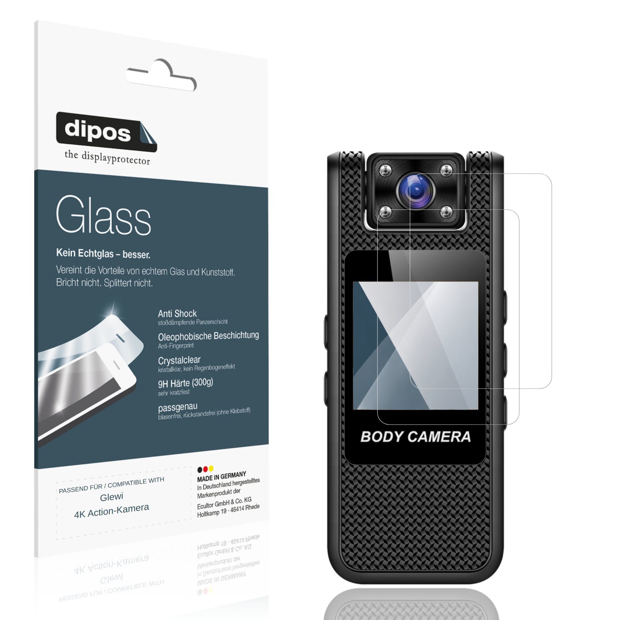 dipos Displayschutzfolie Schutzfolie für Glewi 4K Action-Kamera, 2 Stück, Displayschutz Schutz Folie Made in Germany