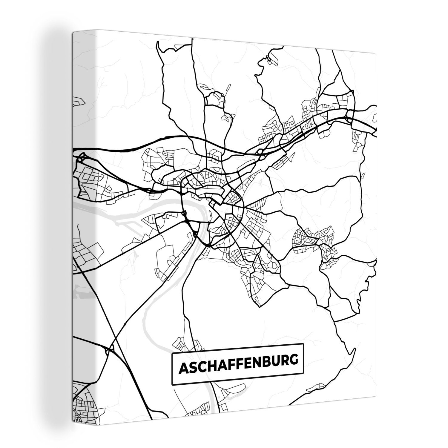 OneMillionCanvasses® Leinwandbild Aschaffenburg - Karte - Stadtplan, (1 St), Leinwand Bilder für Wohnzimmer Schlafzimmer