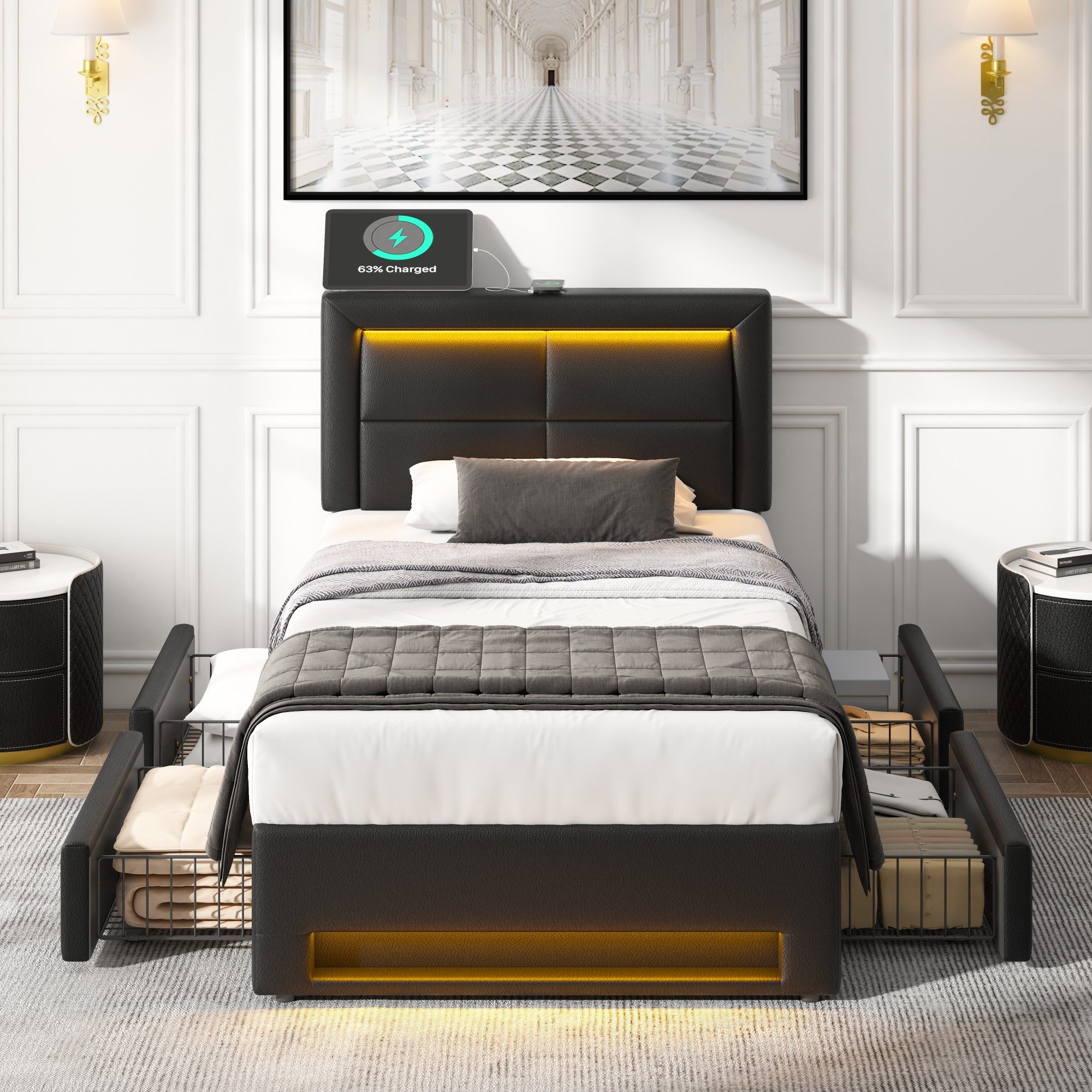 Flieks Polsterbett, LED Einzelbett 90x200cm mit USB-Anschluss und 4 Schubladen