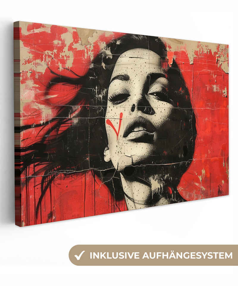 OneMillionCanvasses® Leinwandbild Graffiti - Frau - Abstrakt - Modern - Kunst - Ästhetik, Rot - Frau (1 St), Leinwand Bilder Klein, Wand Dekoration 30x20 cm