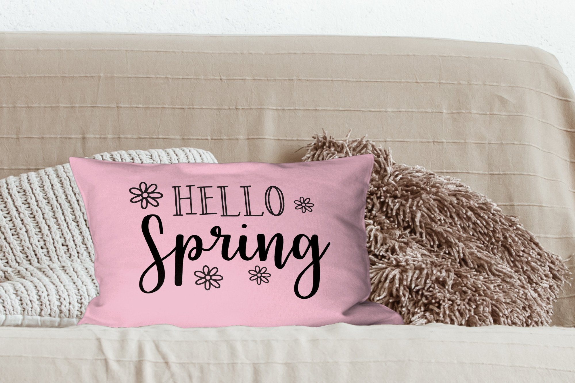 Schlafzimmer Füllung, Zitat Dekokissen Hintergrund, Dekoration, Wohzimmer Zierkissen, MuchoWow auf Frühling" "Hallo rosa mit Dekokissen
