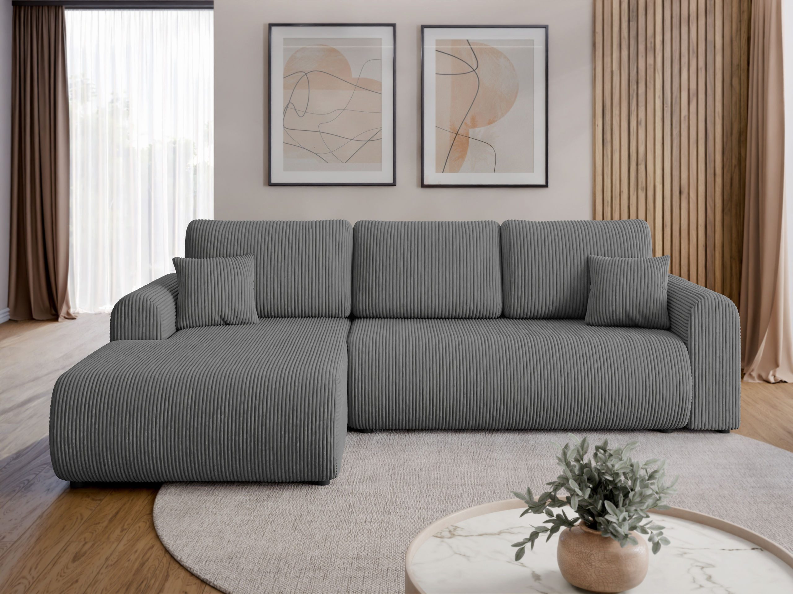 MIRJAN24 Ecksofa Rosa Cord, mit Bettkasten und Schlaffunktion, L-Form universal, Kissen-Set