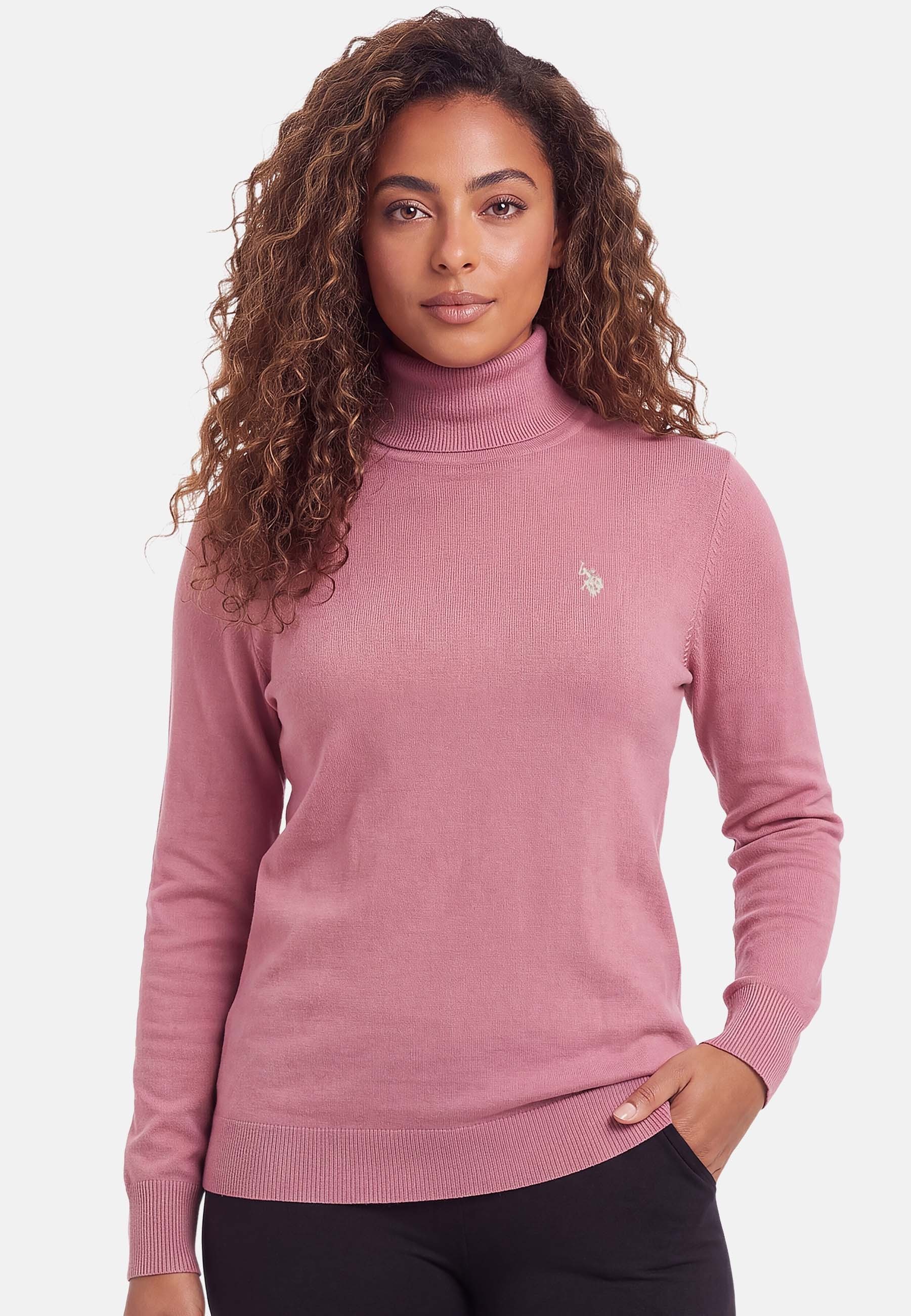U.S. Polo Assn. Rundhalspullover mit Stickereidetails und schmalen Ärmeln Angenehm wärmender Damenpullover mit hochgeschlossenem Ausschnitt