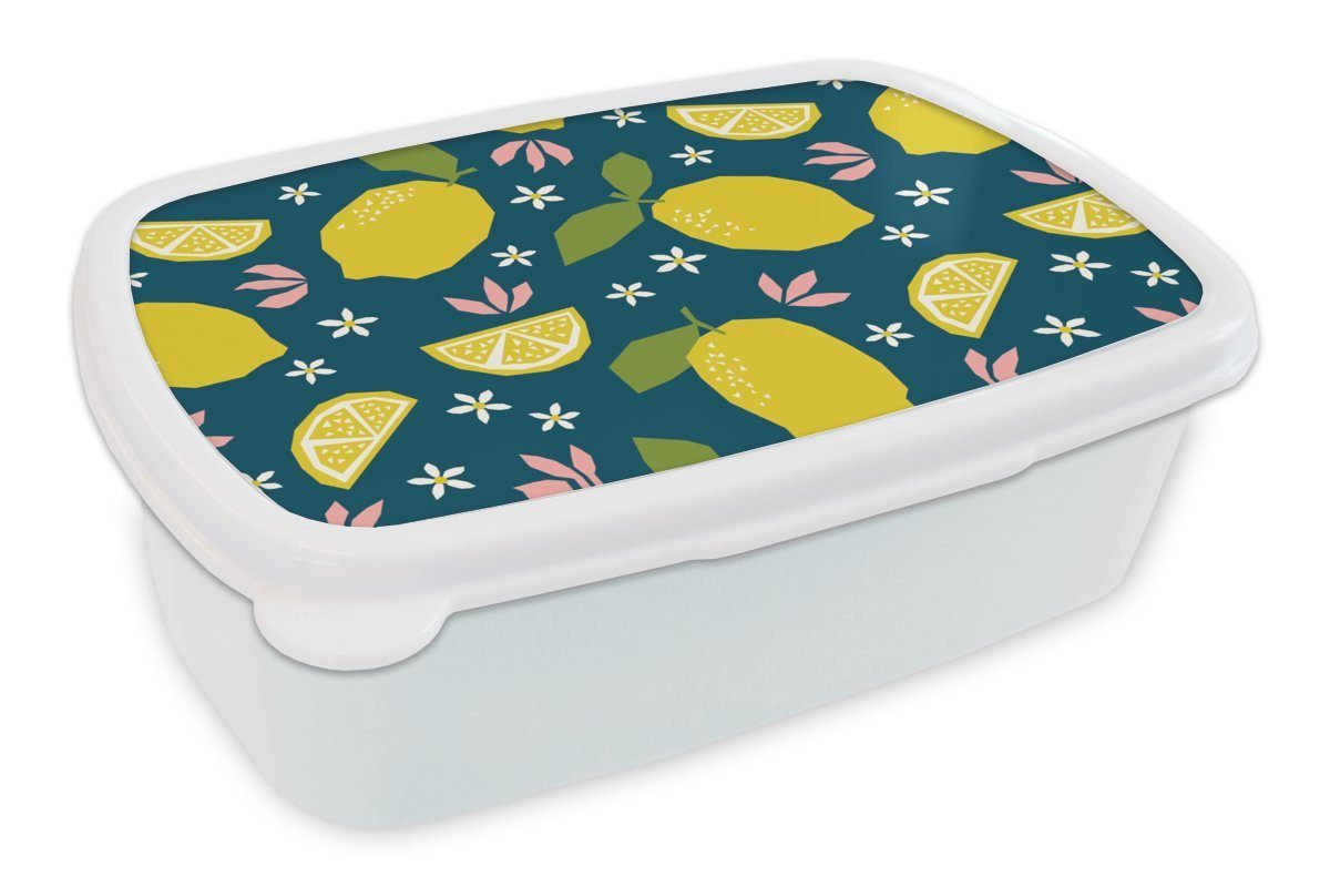 MuchoWow Lunchbox Zitrone - Muster - Sommer, Kunststoff, (2-tlg), Brotbox für Kinder und Erwachsene, Brotdose, für Jungs und Mädchen weiß