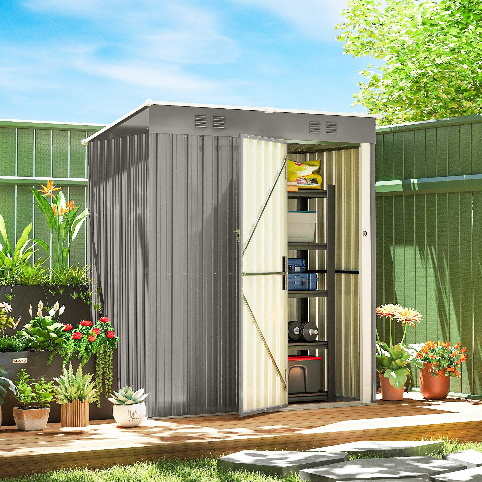 Outsunny Gerätehaus abschließbarer Geräteschuppen mit Pultdach, BxT: 163x90 cm, (Geräteschuppen, 1 St., Gartenhaus), für Garten Terrasse Hinterhof Hellgrau