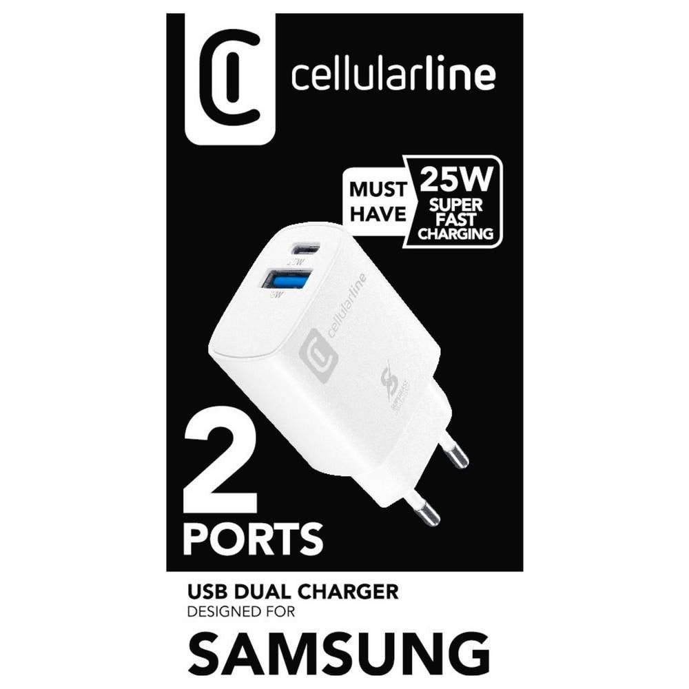 Cellularline USB Ladegerät 25 W USB-A, USB-C® USB PD Weiß Steckdose USB-Ladegerät (Schnellladegerät, USB Power Delivery (USB-PD)