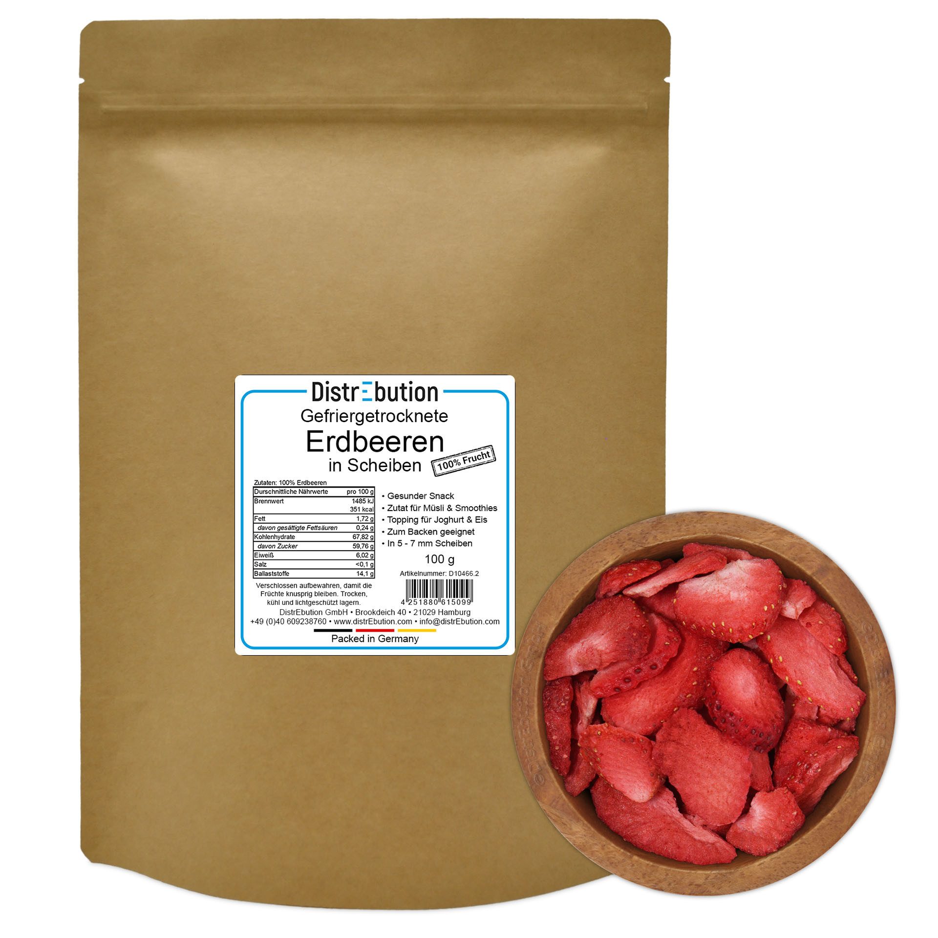 DistrEbution Trockenfrüchte Erdbeeren Gefriergetrocknet 100% Frucht Ohne Zusatzstoffe, 50 g