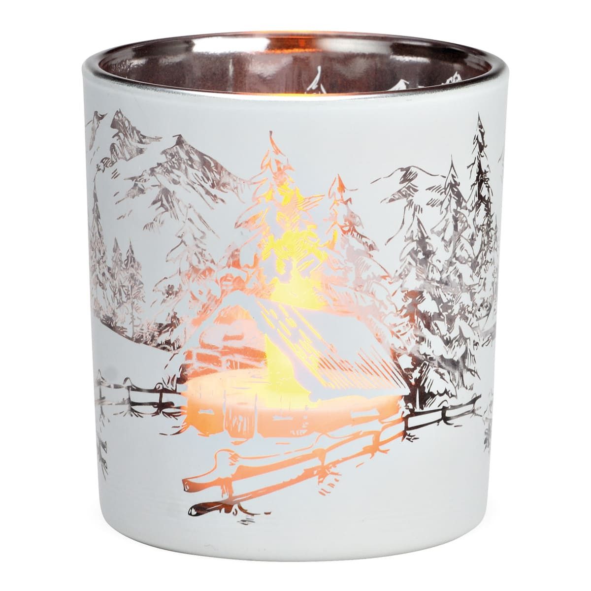 matches21 HOME & HOBBY Kerzenhalter Glas Windlicht Winter-Wald Motiv Teelichthalter Ø 7 x 8 cm weiß (1 St), Schönes Teelicht Kerzenglas als Winter-Deko Weihnachten Tischdeko