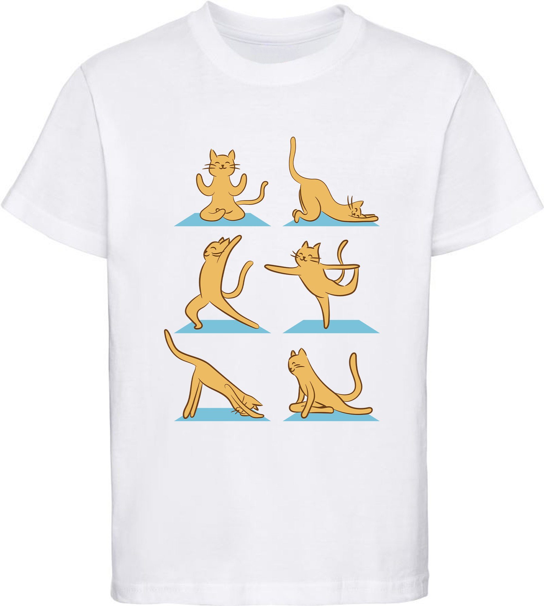 MyDesign24 Print-Shirt bedrucktes Mädchen T-Shirt Yoga Katze Baumwollshirt mit Aufdruck, weiß, schwarz, rot, rosa, i131 weiss