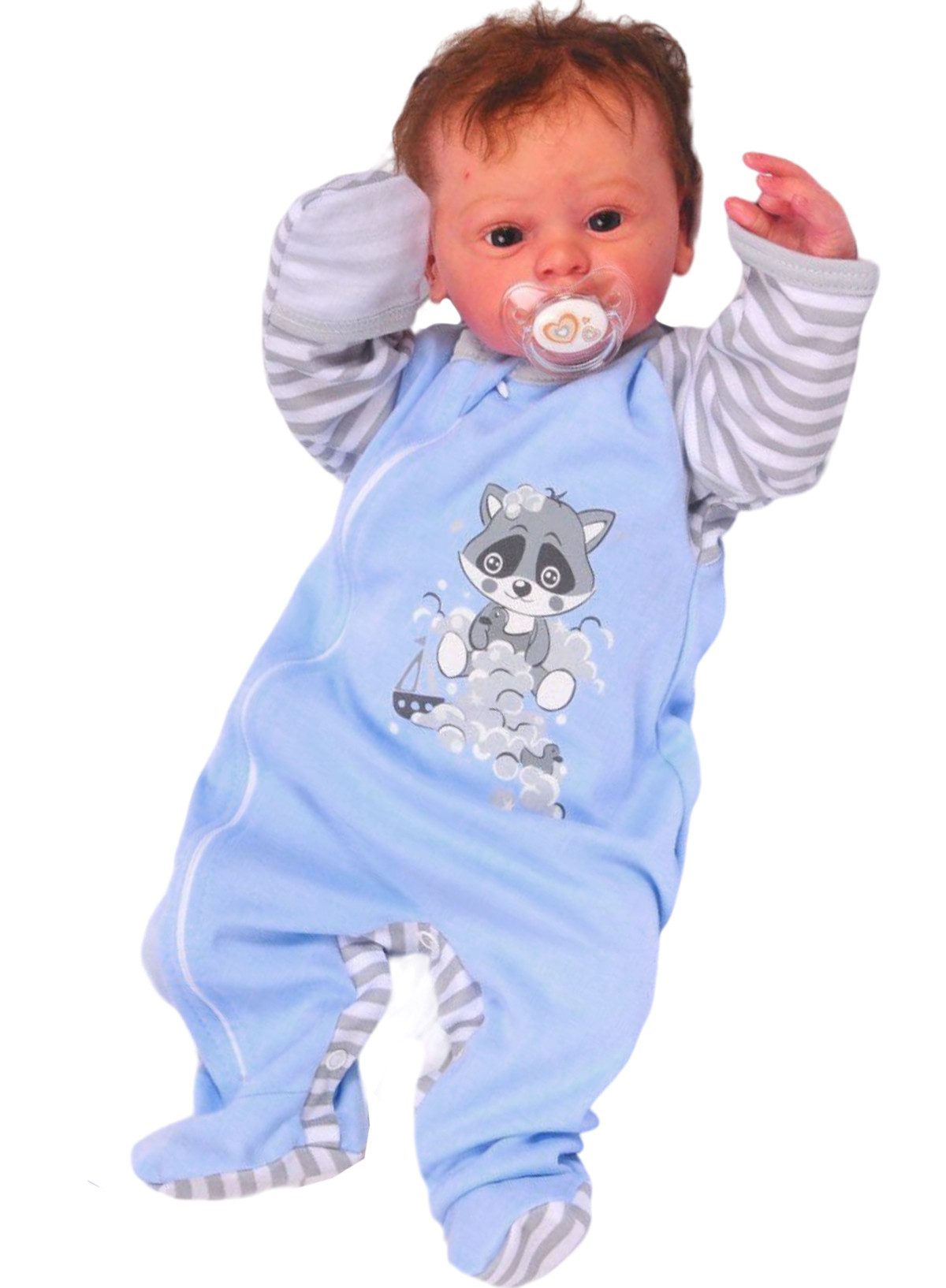 La Bortini Strampler Baby Overall Schlafanzug in Blau gestreift mit Waschbär aus reiner Baumwolle, 44 50 56 62 68 74 80 86 92 98 104