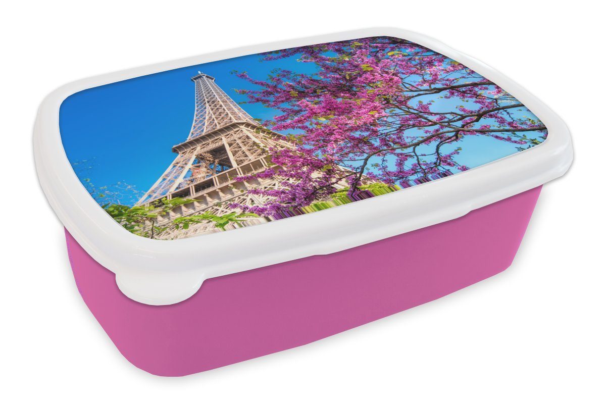 MuchoWow Lunchbox Der Eiffelturm mit einem einzigartigen rosafarbenen Baum, der dem Bild, Kunststoff, (2-tlg), Brotbox für Erwachsene, Brotdose Kinder, Snackbox, Mädchen, Kunststoff