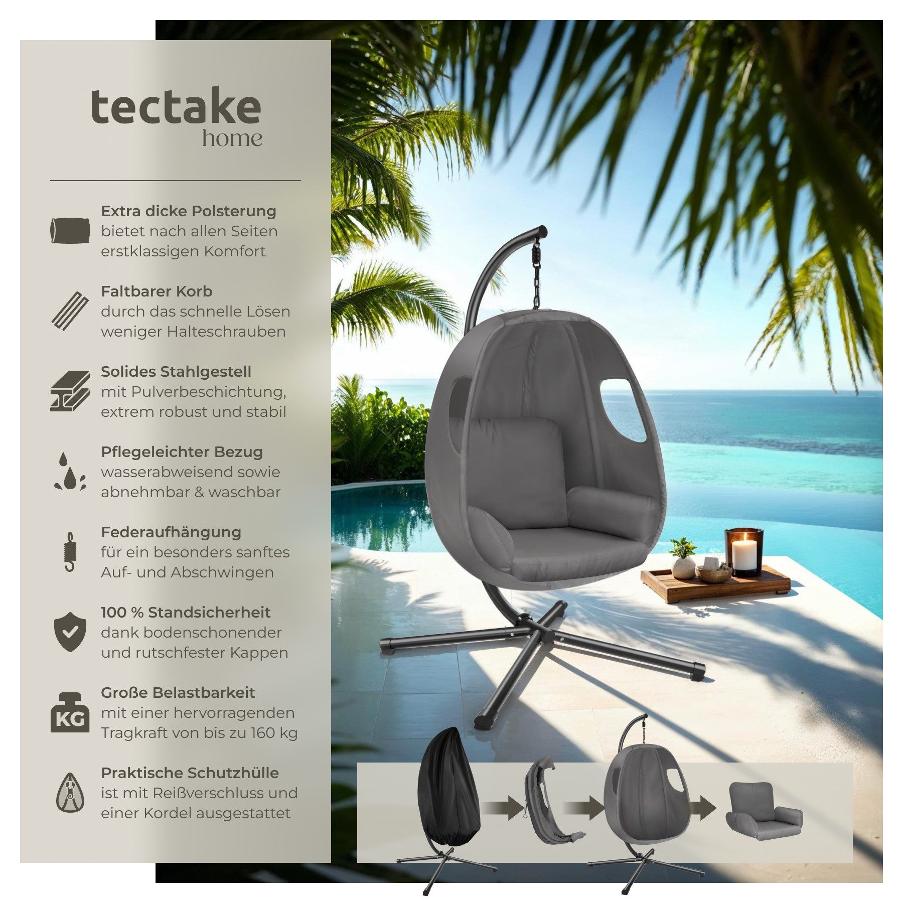 tectake Hängesessel Schaukelstuhl Anika mit Gestell und Kissen 160kg, mit e günstig online kaufen