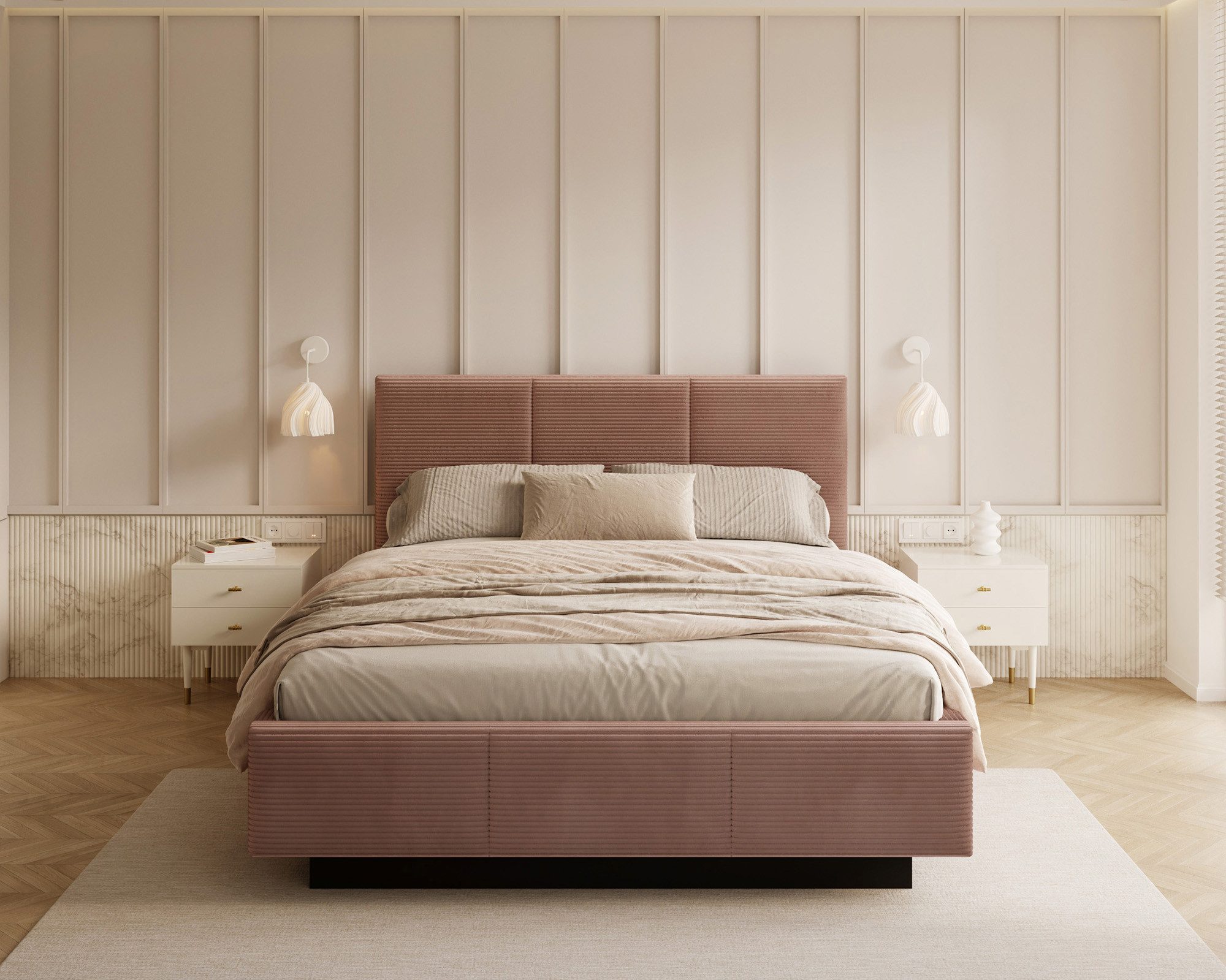 thematys Polsterbett mit Bettkasten & Lattenrost, 120x200–180x200cm - Stauraum - Cord, Samt (Bezug - Optional mit 28 cm H3/H4 Taschenfederkern oder 23 cm Taschenfederkern-Matratze H2, hydraulisches Stauraumbett)