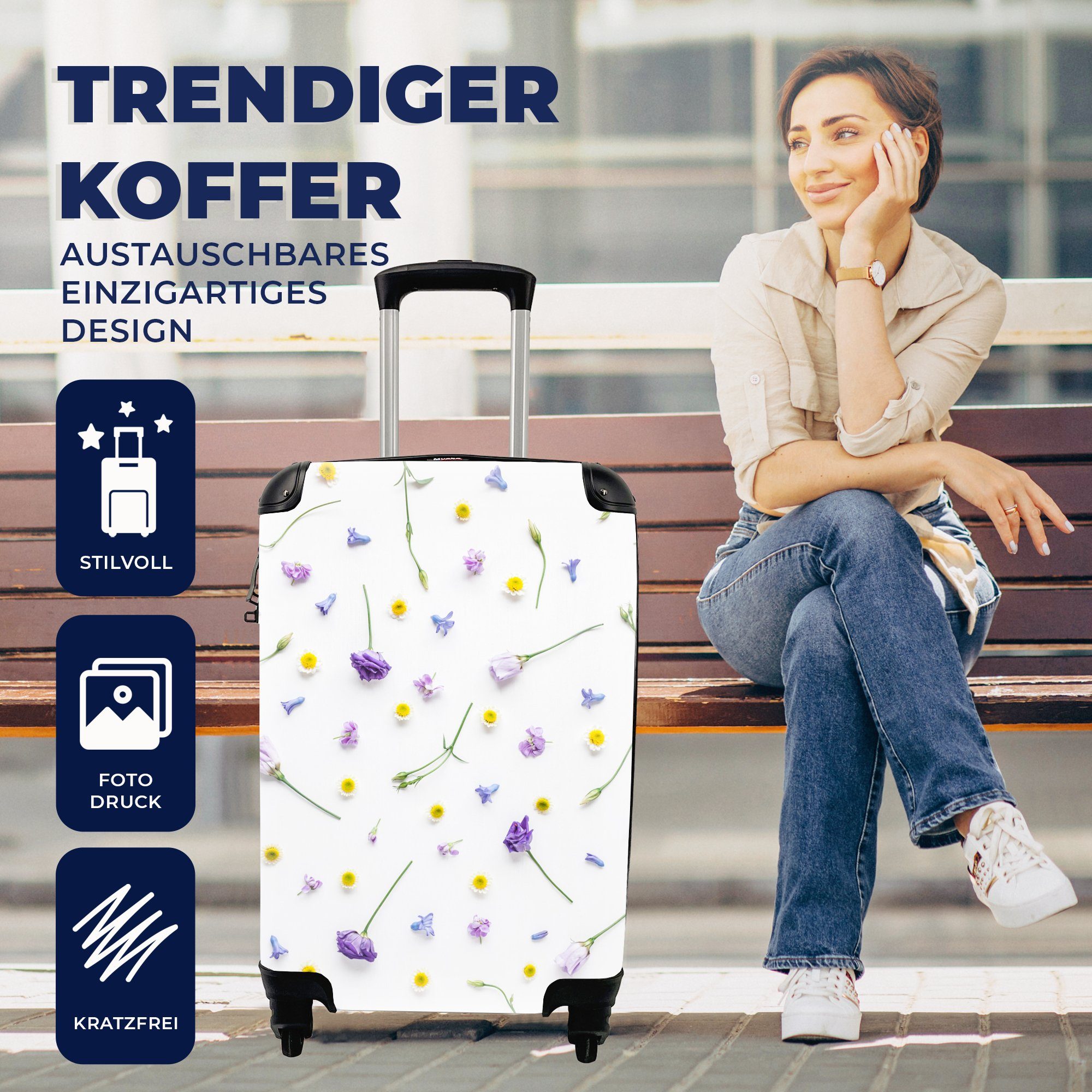 Rollen, Reisetasche Reisekoffer MuchoWow - Lila Gelb, Blumen Handgepäck Handgepäckkoffer Ferien, 4 mit Trolley, rollen, - für