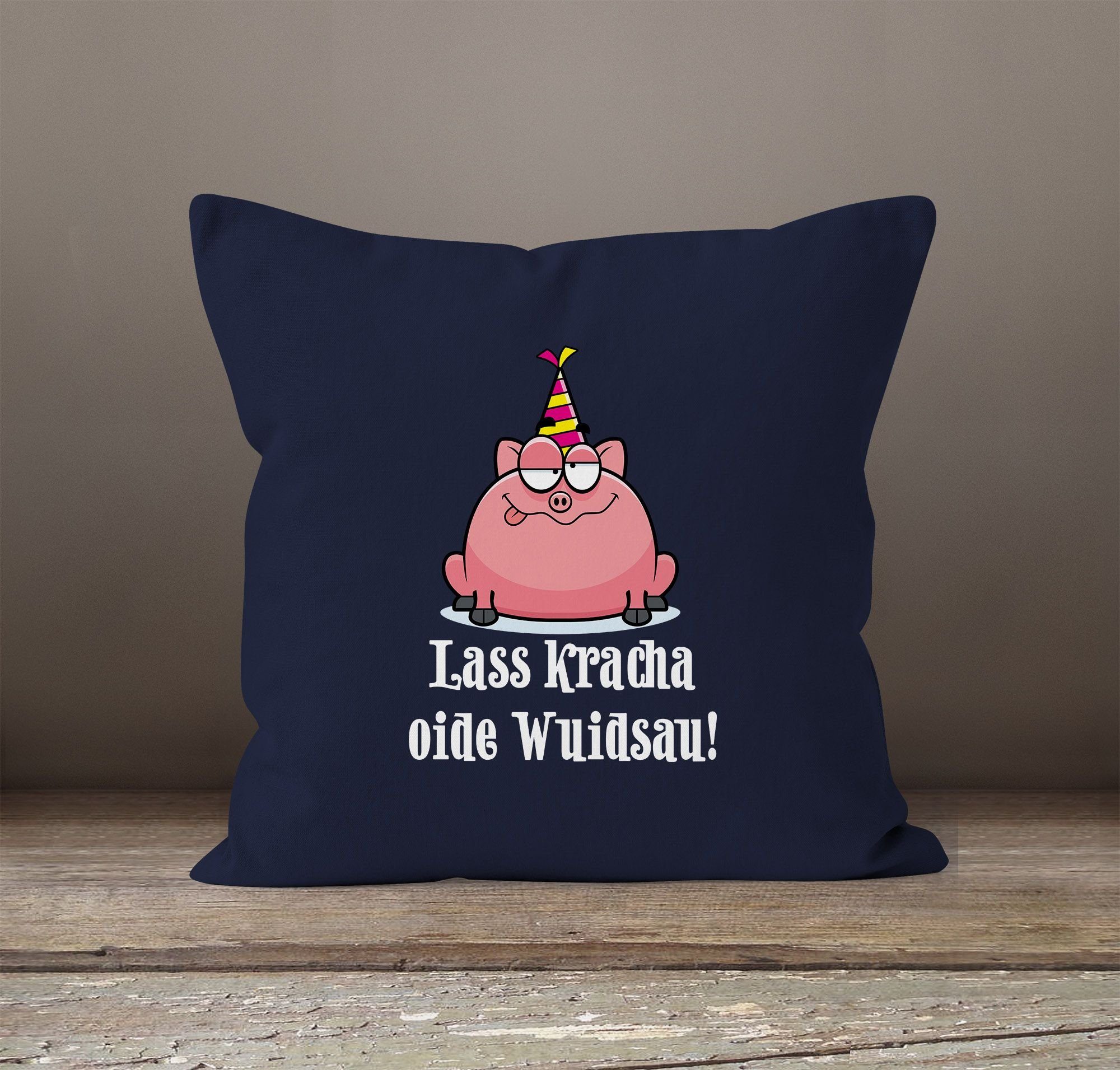 MoonWorks Dekokissen Kissenbezug Wuidsau MoonWorks® Baumwolle Geschenk Lass navy 40x40 oide kracha Schwein Spruch Geburtstag