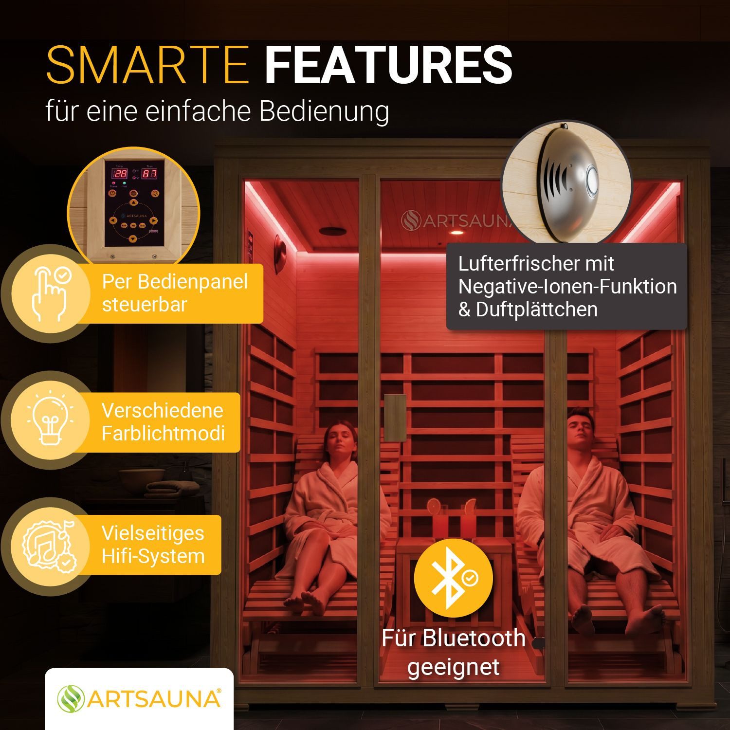 Artsauna Infrarotkabine Billund Dual Technologie, für 2 Personen, Hemlock-Holz, HiFi-System, Ionisator, LED-Farblicht