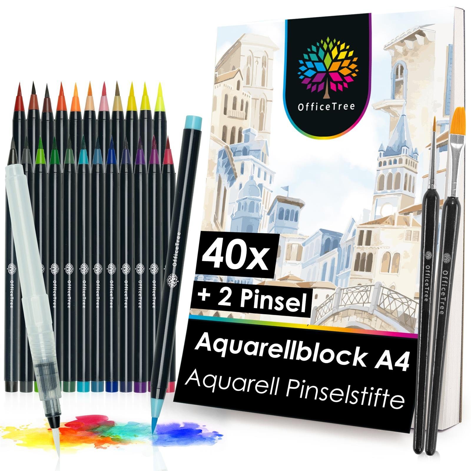 OfficeTree Aquarellblock OfficeTree Aquarellblock A4 + 24 Aquarellstift Set, 40 Blatt - Aquarellpapier Weiß – Zeichenblock A4 für Wasserfarben