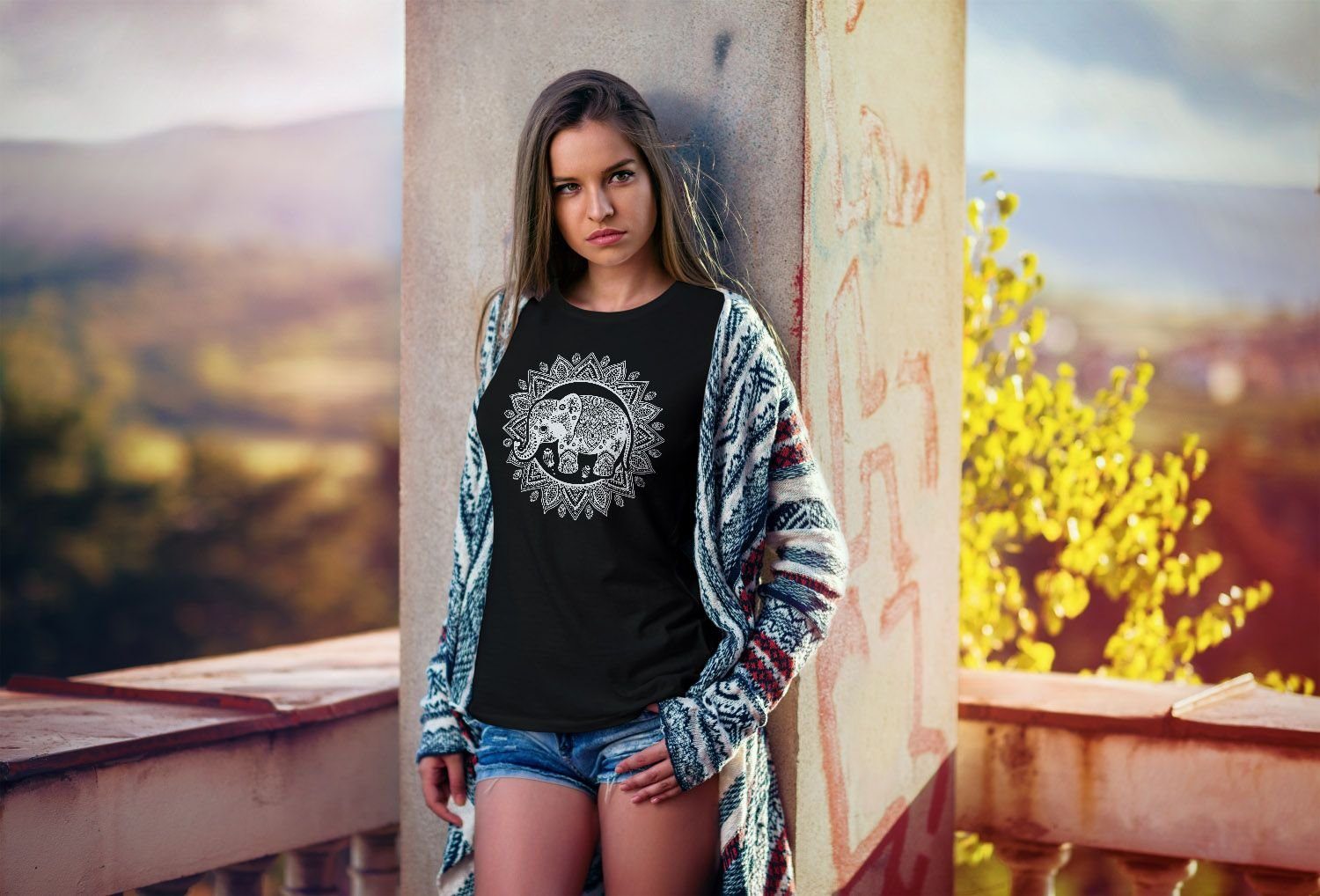 Neverless Print-Shirt Damen Elefant Print mit Ethno Ornament Slim Boho Mandala Tribal Neverless® T-Shirt Fit Bohamian