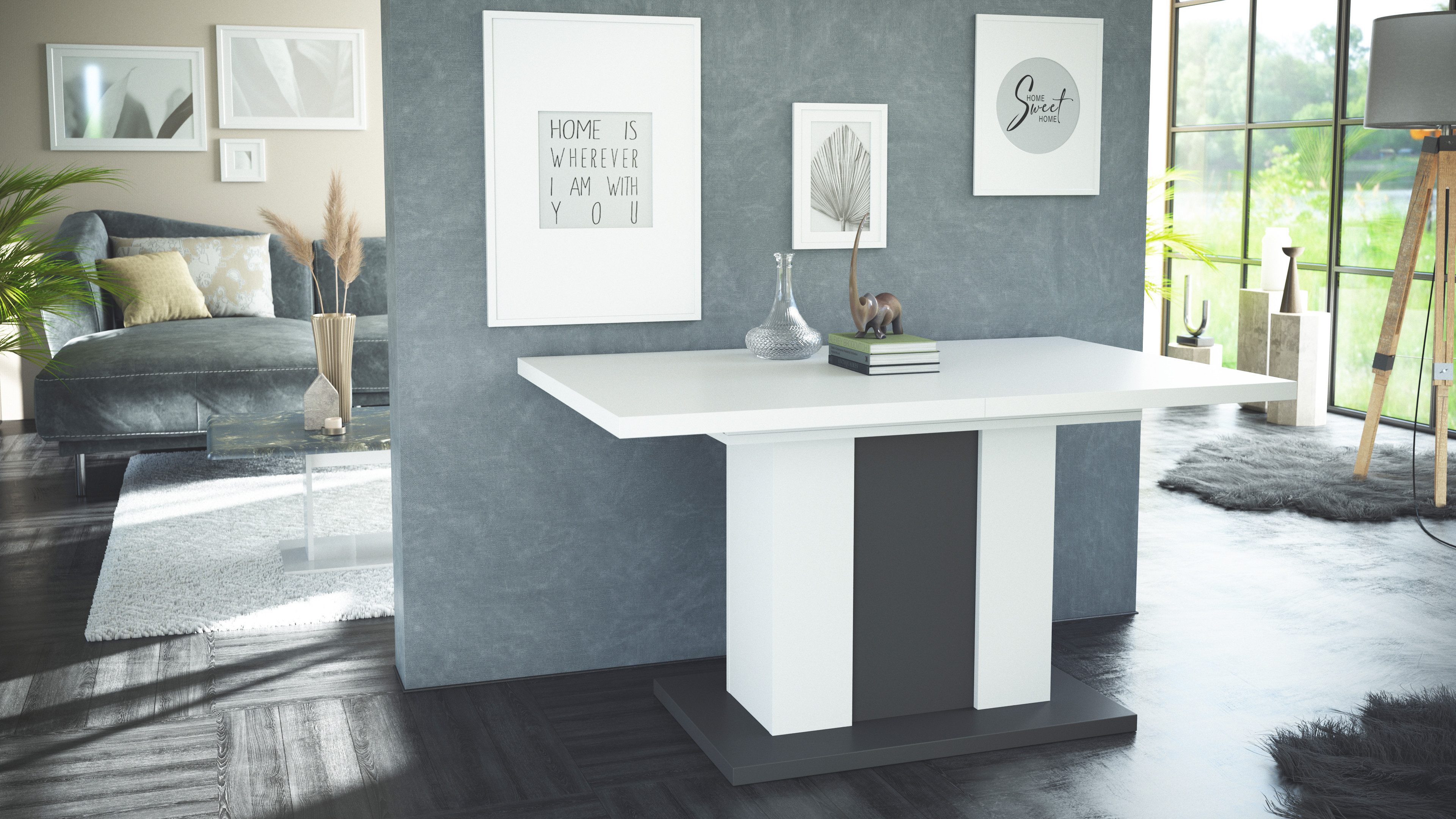 Vladon Esstisch Eckig (Esstisch, ausziehbar 140 - 180 / 160 - 200 x 75 x 90 cm), in Weiß / Beton, Weiß / Anthrazit, Anthrazit / Weiß verfügbar