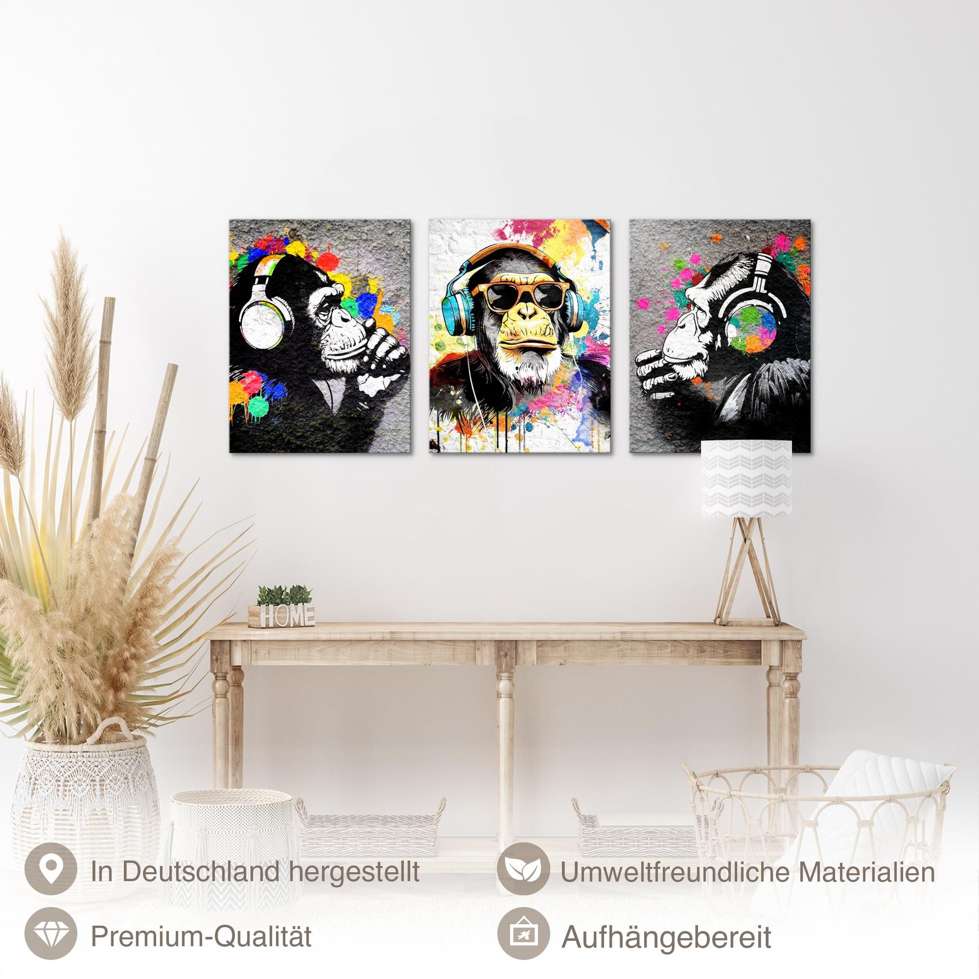 Novart Bild Wandbilder Set Banksy Style Collage - 3 Bilder Wohnzimmer Streetart, Affe mit Kopfhörer, made in Germany