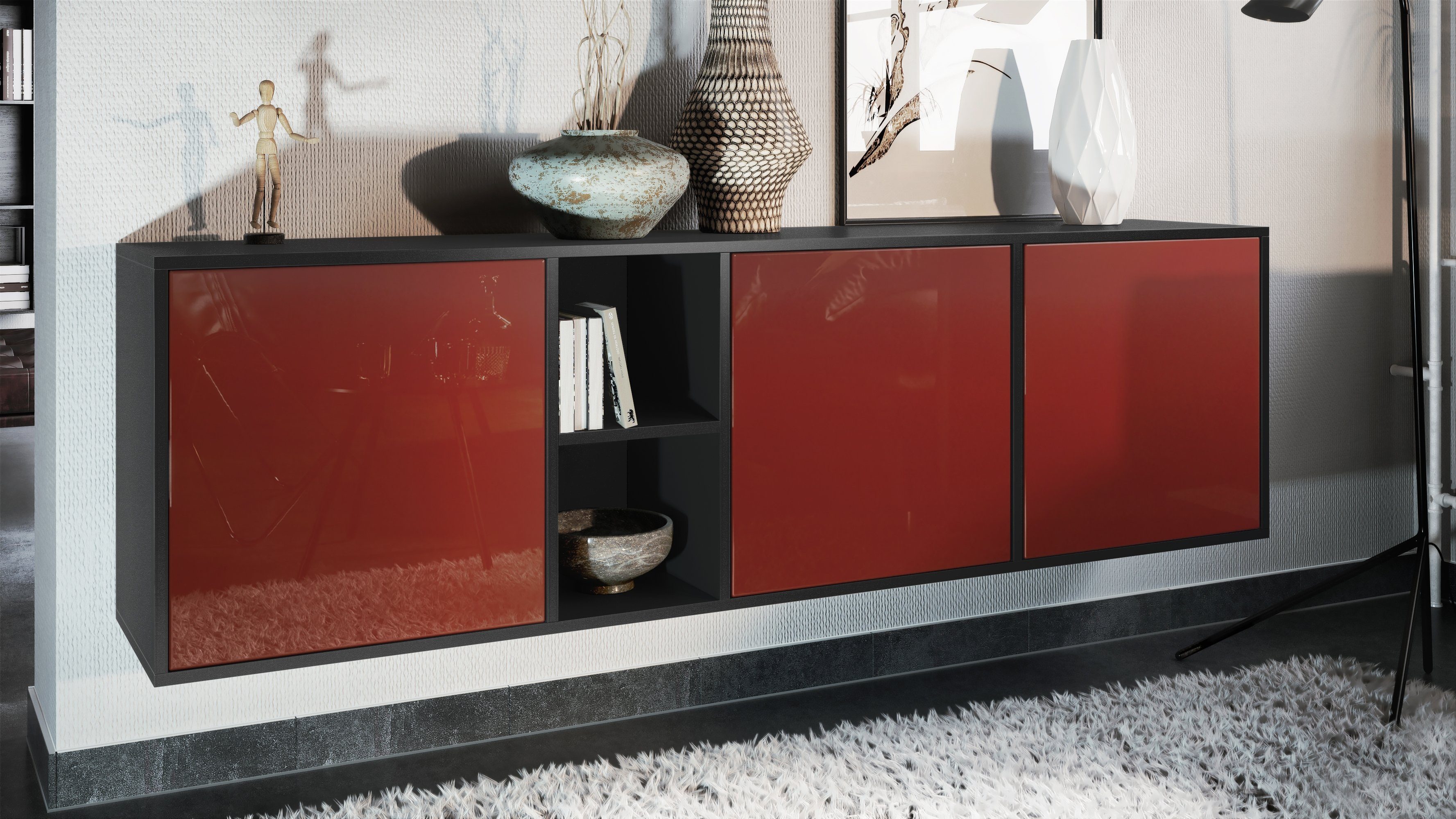 Vladon Sideboard Cuba (Kommode, mit 3 Türen und 2 offene Fächer), Schwarz matt/Bordeaux Hochglanz (182 x 53 x 35 cm)