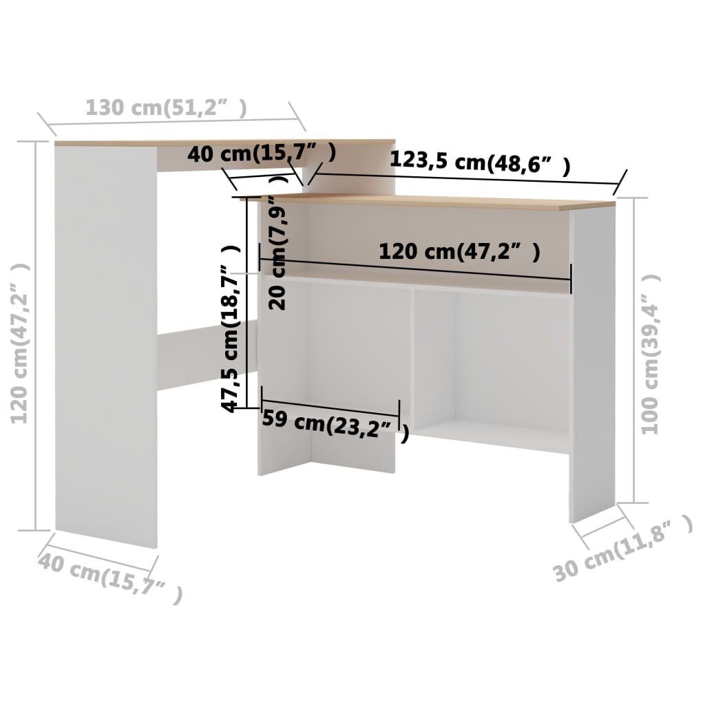 Eichefarben Bartisch mit braun (1-St) vidaXL | Tischplatten 2 Weiß Weiß und und Weiß 130x40x120 Esstisch und braun cm