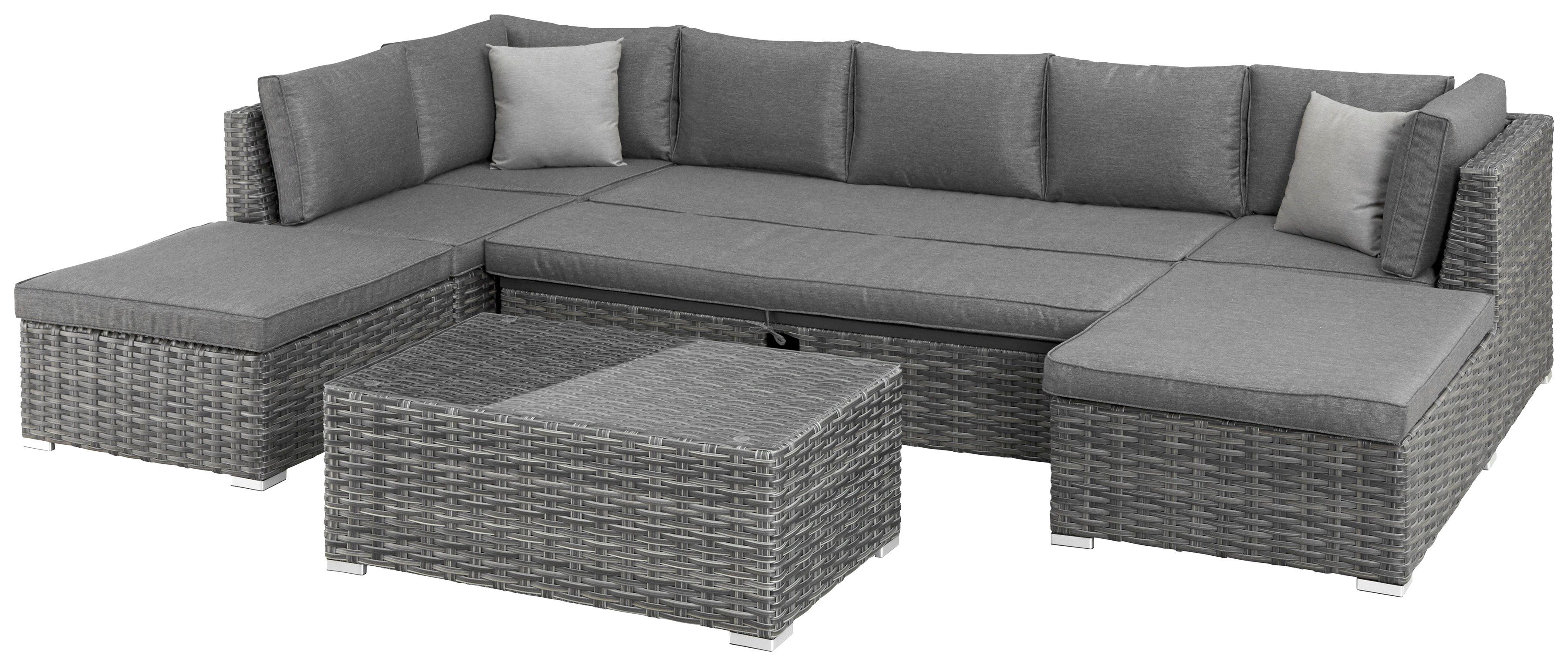 KONIFERA Gartenlounge-Set New York, (21-tlg., 1x 3er AZ-Sofa, 1x Ecke, 1x Sessel, 1x Ottomane mit Staufach, 1x Tisch), Tisch 110x65 cm, Aluminium,Polyrattan,individuell stellbar,10 Personen