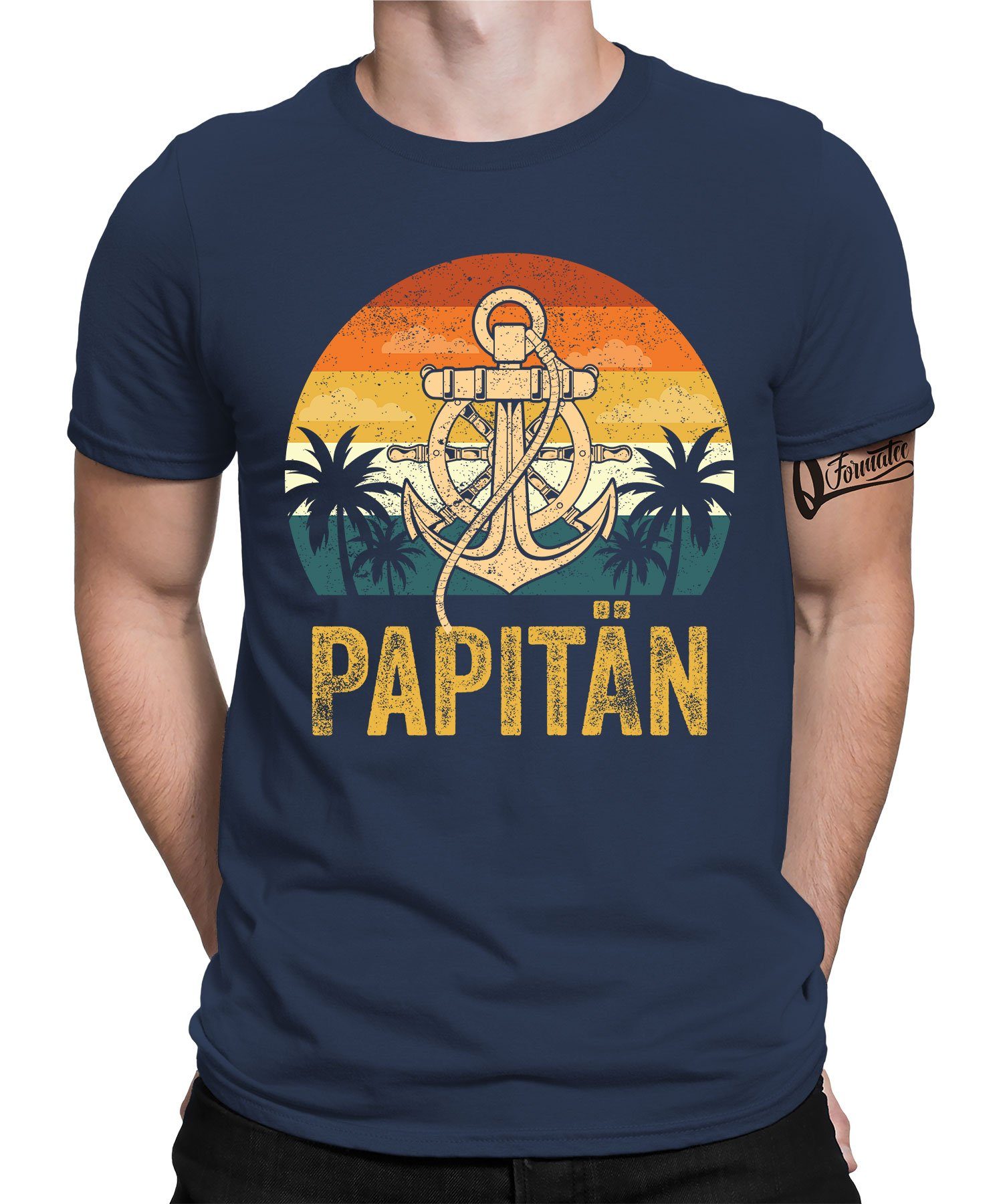 Navy Blau T-Shirt (1-tlg) Papitän - Vater Herren Papa Quattro Formatee Kurzarmshirt Vatertag