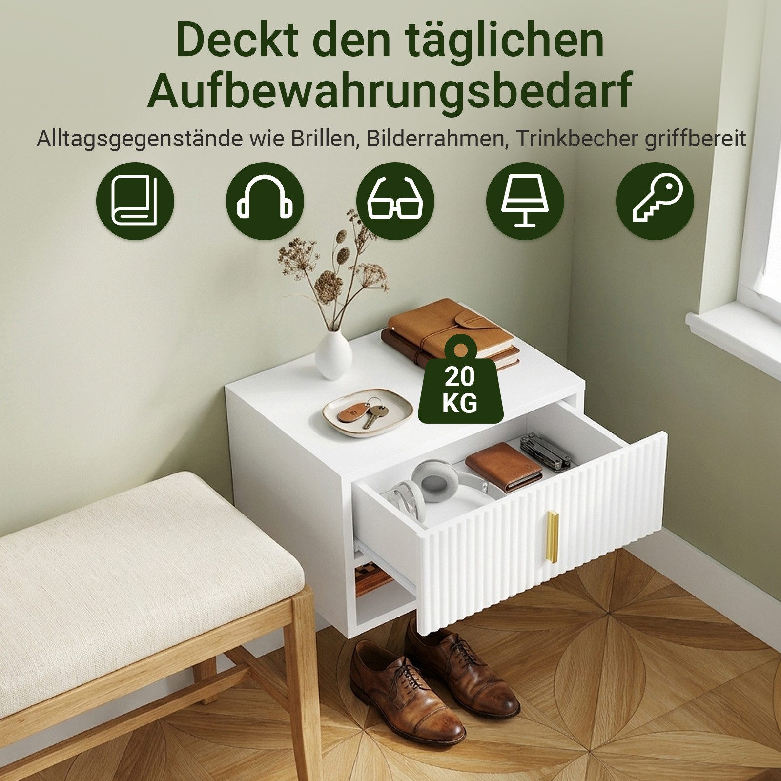 SoBuy Nachttisch FBT176/177, Schwebender Nachttisch mit LED-Sensorleuchte, Wandregal, Nachttisch mit Schublade und Goldgriff, Wandschrank – Bild 5 von 5