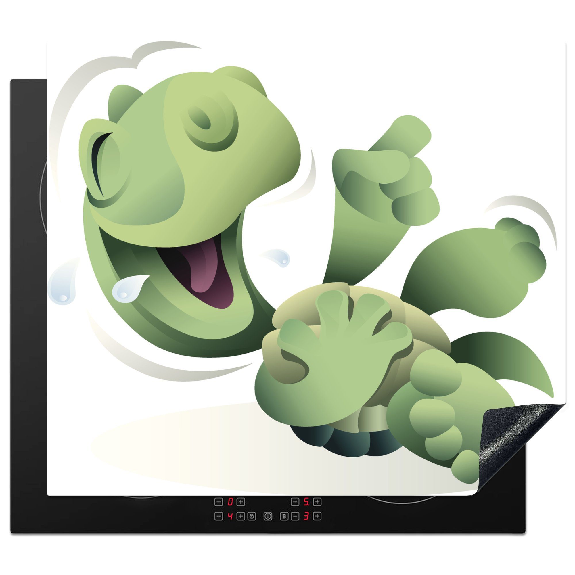 MuchoWow Herdblende-/Abdeckplatte Illustration einer laut Ceranfeldabdeckung lachenden Induktionskochfeld, (1 grünen cm, tlg), 57x51 Vinyl, Schildkröte, Induktionsschutz