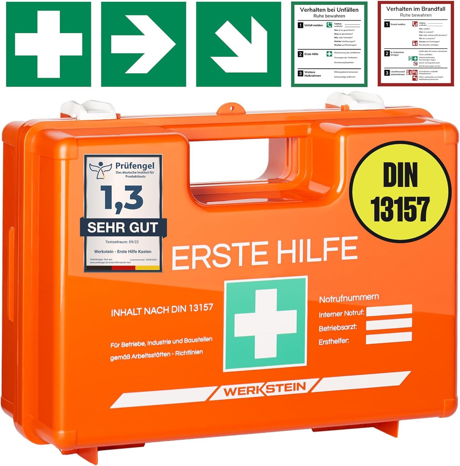 Werkstein Erste-Hilfe-Koffer mit Inhalt nach neuer DIN 13157:2021 I, (inkl. praktischer Wandhalterung, 5x Aufkleber & Plombe, 1 St), I Verbandskasten für Betriebe, Einrichtungen & Zuhause