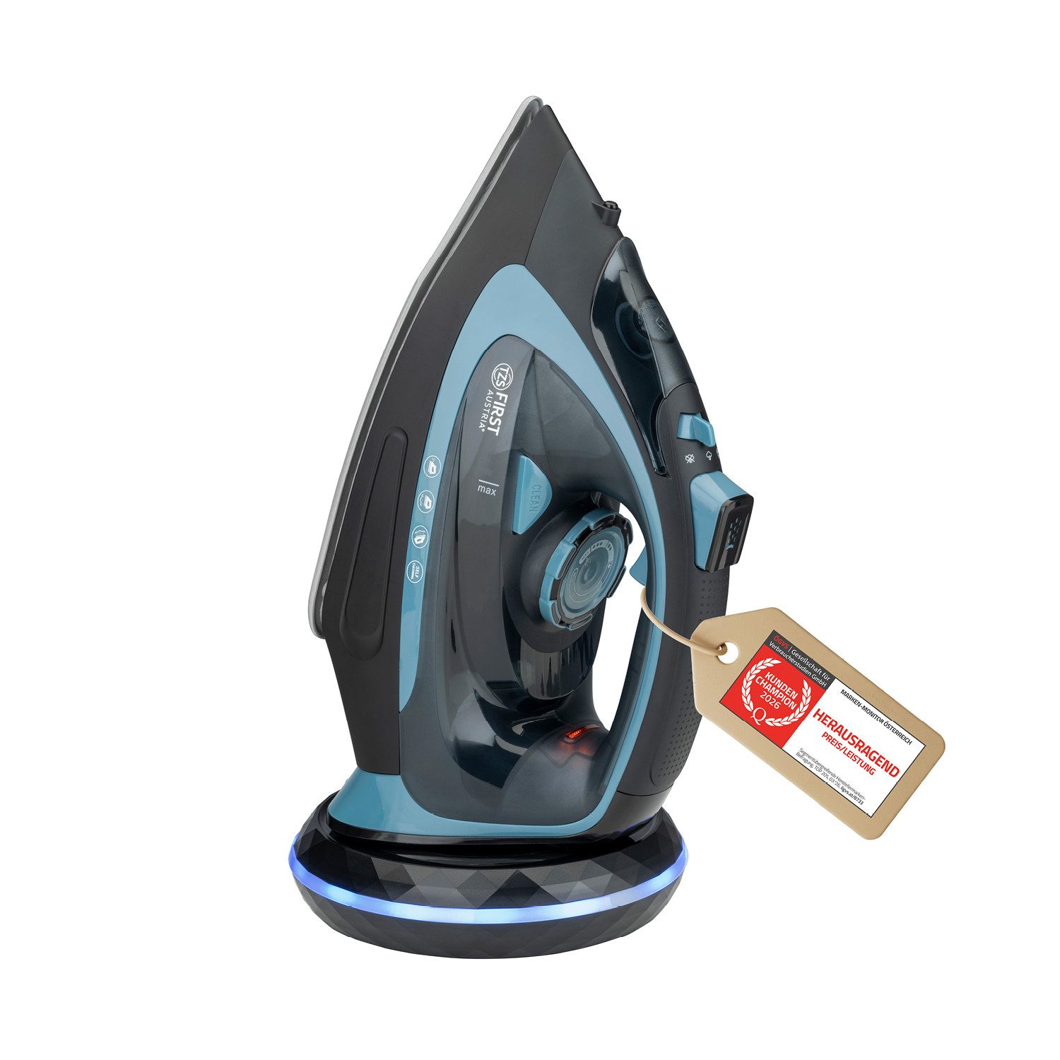 TZS FIRST AUSTRIA Dampfbügeleisen kabellos 2400W, Keramiksohle, 52 Düsen, 20g/min, 0,7g Dampfstoß, 2400 W, Kabelloses Dampfbügeleisen, Antikalk, Vertikaldampf, 450ml Wassertank
