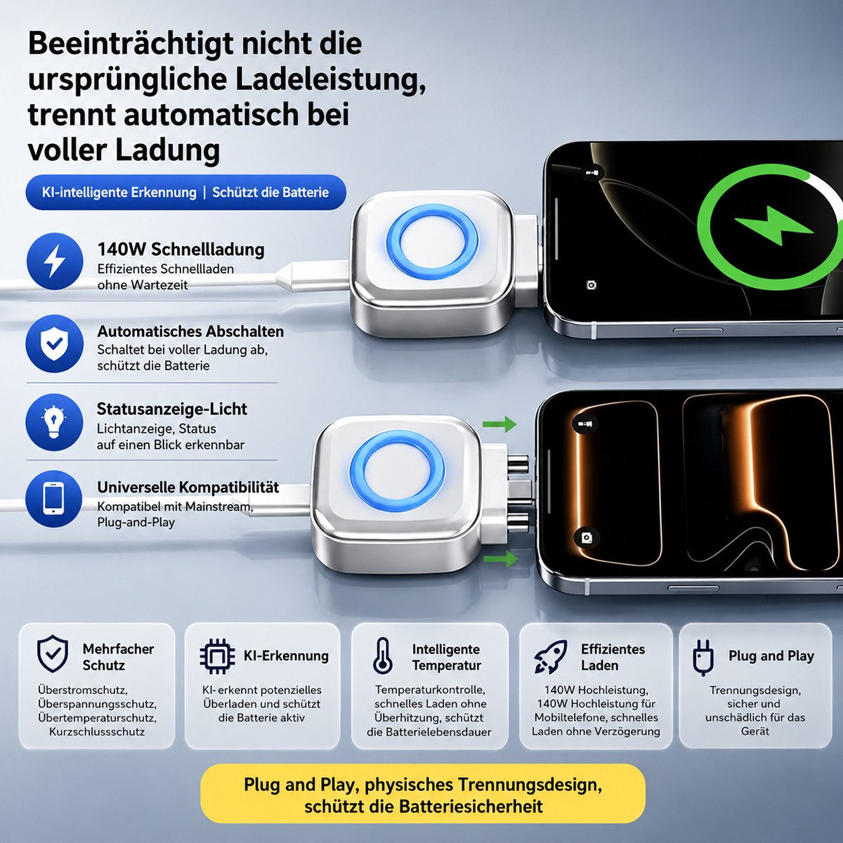 Vashoy Automatischer Lade-Trennstecker mit 140W Unterstützung Smartphone-Ladegerät (5000 mA, Physische Stromtrennung bei vollem Akku, KI-gesteuerter Schutz vor  – Bild 4 von 5