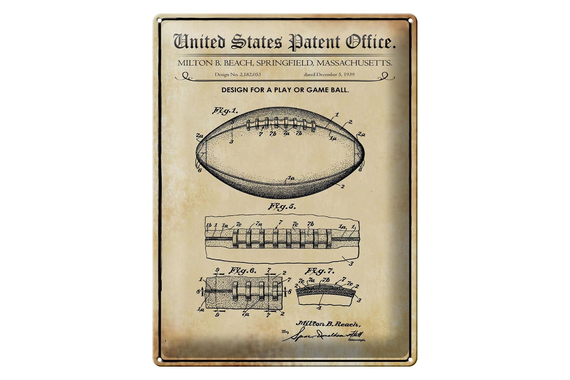 Femer GmbH Metallschild Patent 30x40 cm Entwurf für einen Football, (1 St), gewölbte Oberfläche, abgerundete Ecken, umgeschlagene Kanten
