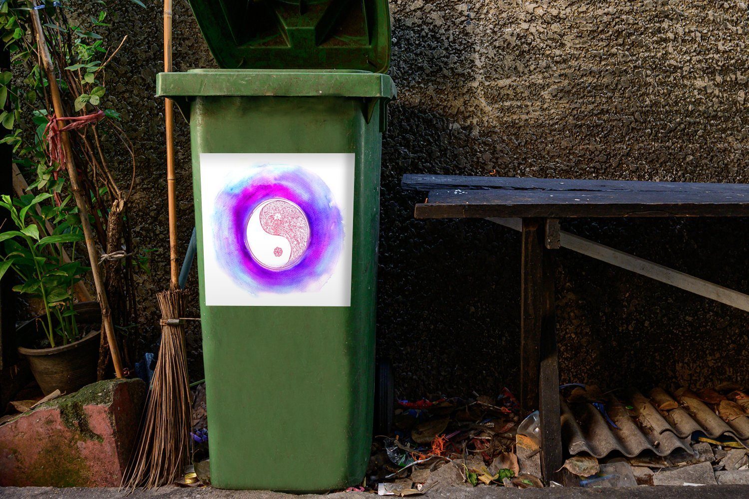 und Sticker, Yin Yang Logos Eine Farben Abfalbehälter (1 Mülleimer-aufkleber, Container, mit MuchoWow St), eines Mülltonne, Illustration Wandsticker