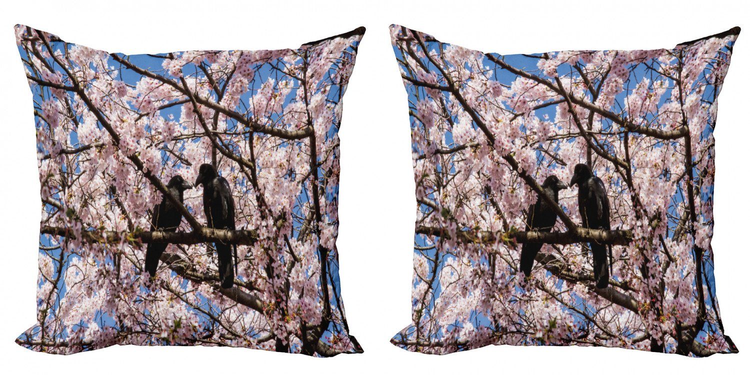 Kissenbezüge Modern Accent Doppelseitiger Digitaldruck, Abakuhaus (2 Stück), Schwarze Krähe Vögel auf Kirschblüte-Baum