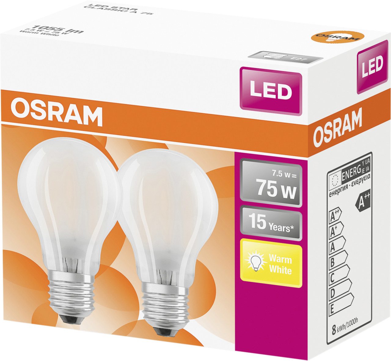 Osram LED-Leuchtmittel Osram LED Leuchtmittel E27 8W warmweiß, weiß matt, Nicht dimmbar