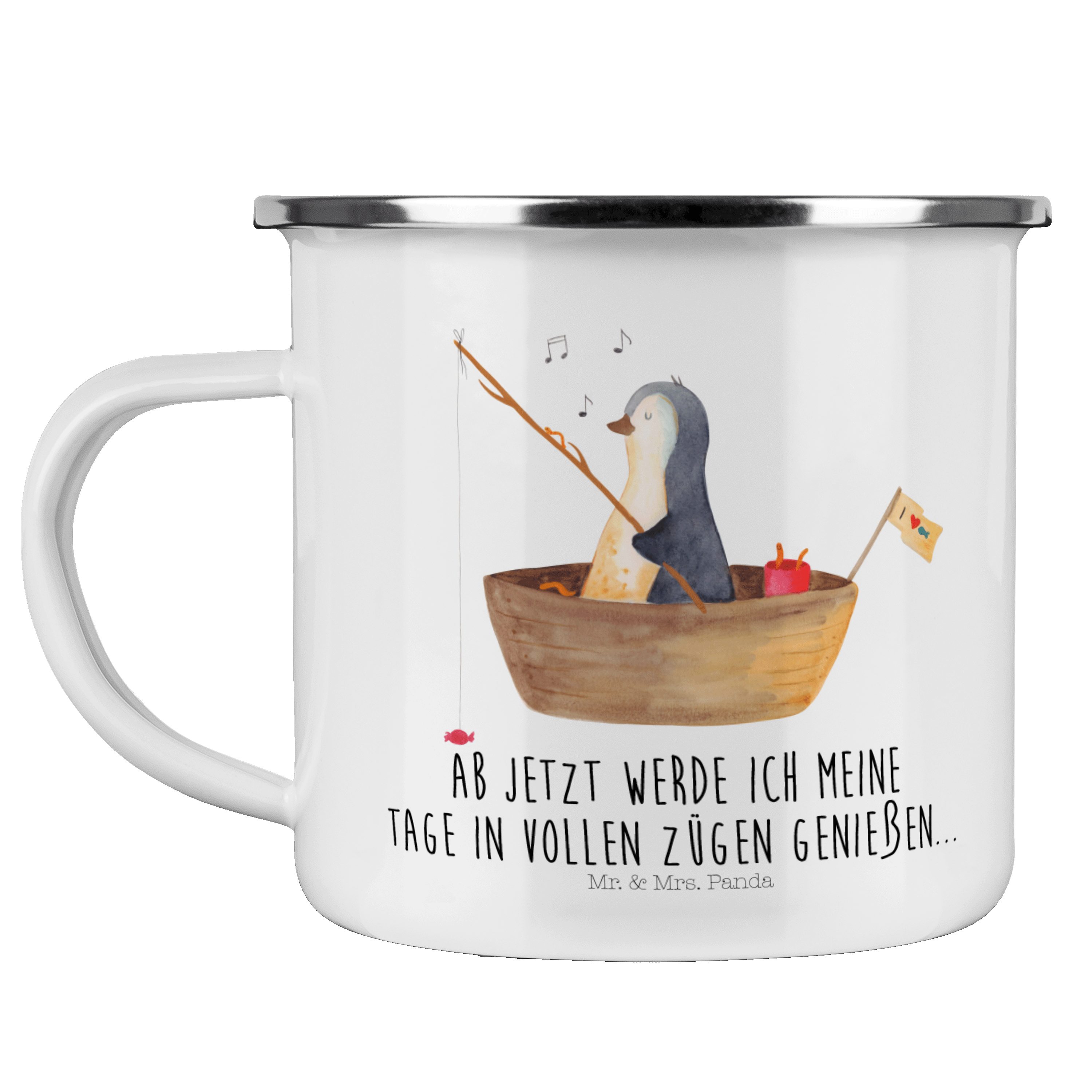 Mr. & Mrs. Panda Becher Pinguin Angelboot - Weiß - Geschenk, Blechtasse Outdoor, Trinkbecher, Emaille