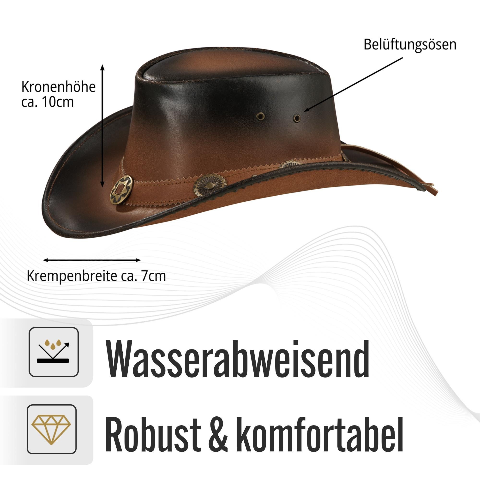 BLACK FOREST FOX Cowboyhut Cowboy Western Leder Hut STAR für Herren Damen in 2 Farben Terra Brown Größe S