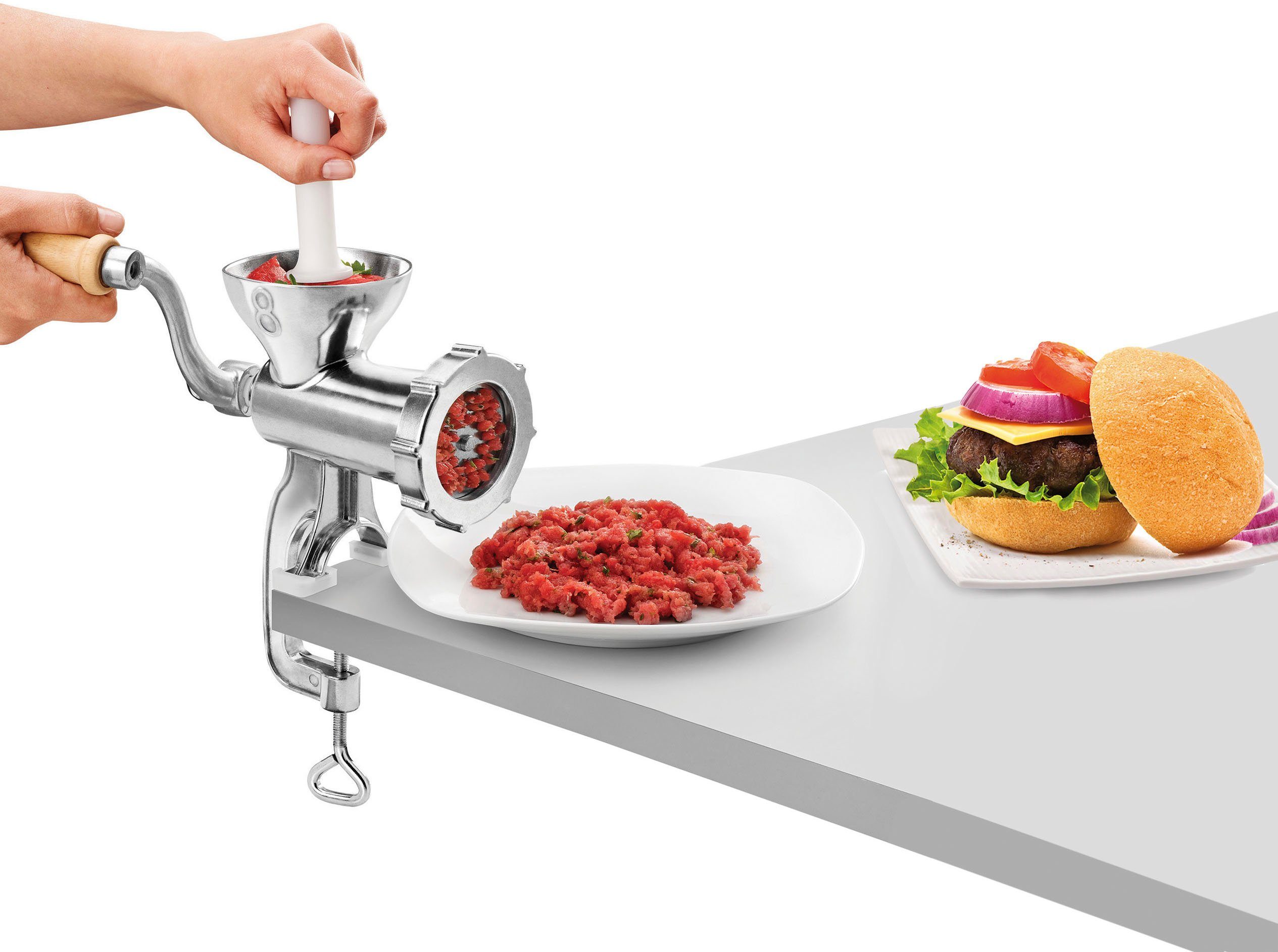 Metaltex Fleischwolf Jack Alu Grösse 5, mit Spritzgebäckaufsatz, Wurstfülltrichter, Stößel, H. 25cm, T. 14,5cm