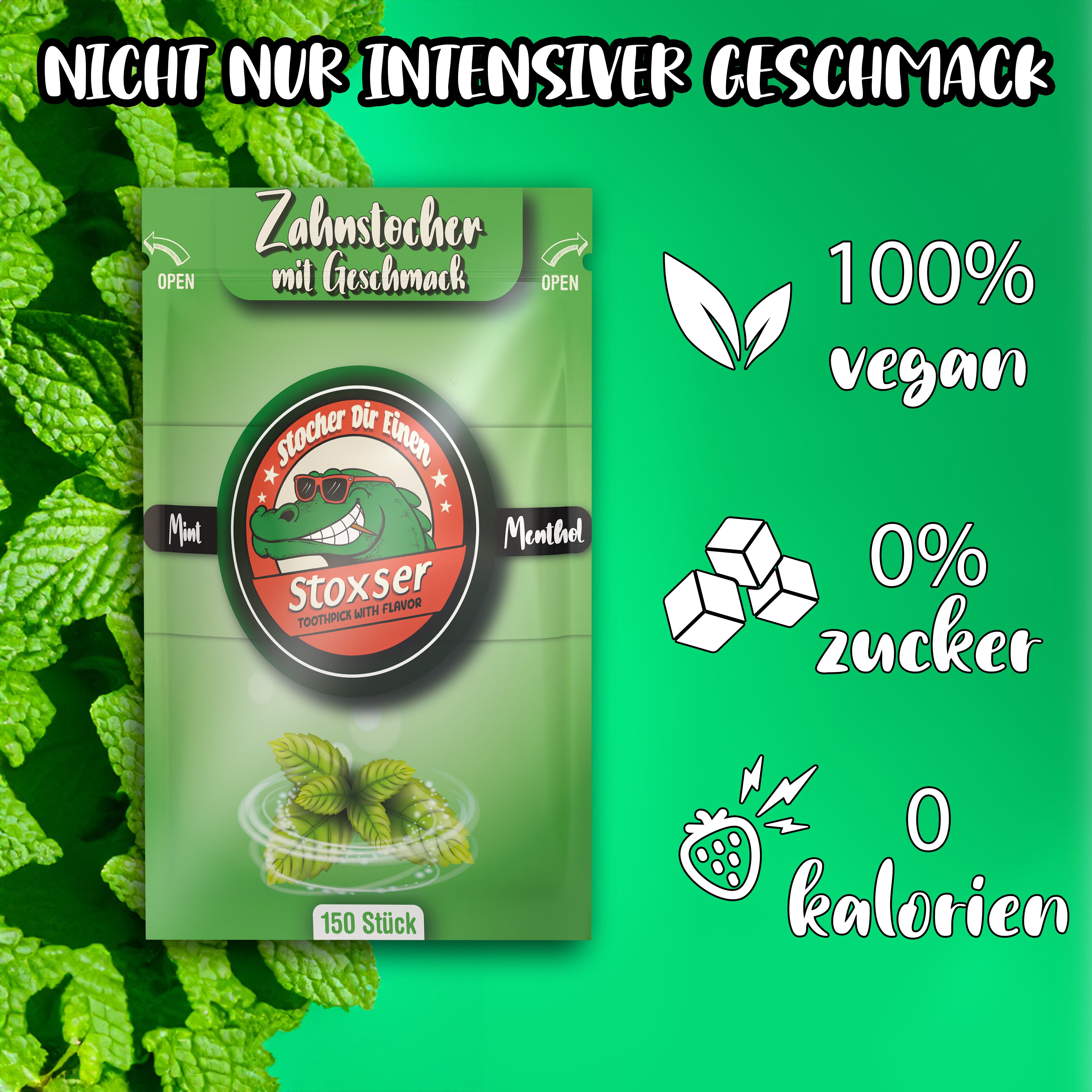 Stoxser Mundpflegecenter Stoxser 150 x Zahnstocher mit Geschmack Mint / Menthol, 150 x Zahnstocher mit Geschmack Mint / Menthol, Kein Kaugummi Unterstützend zu Zahnpasta Zahnseide Zuckerfrei