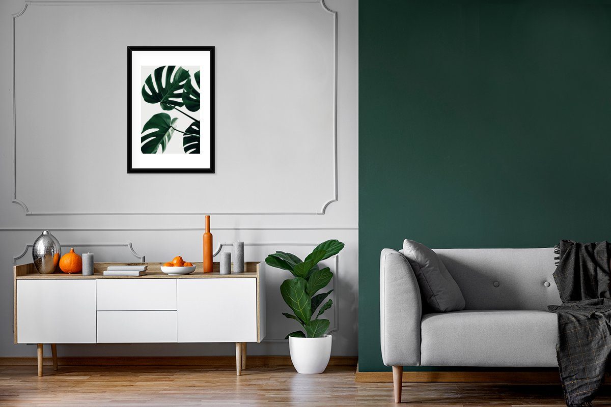 MuchoWow Poster Monstera Natürlich Schwarzem Gerahmtes Bilderrahmen Kunstdruck, (1 Poster, mit 43, St), Rahmen