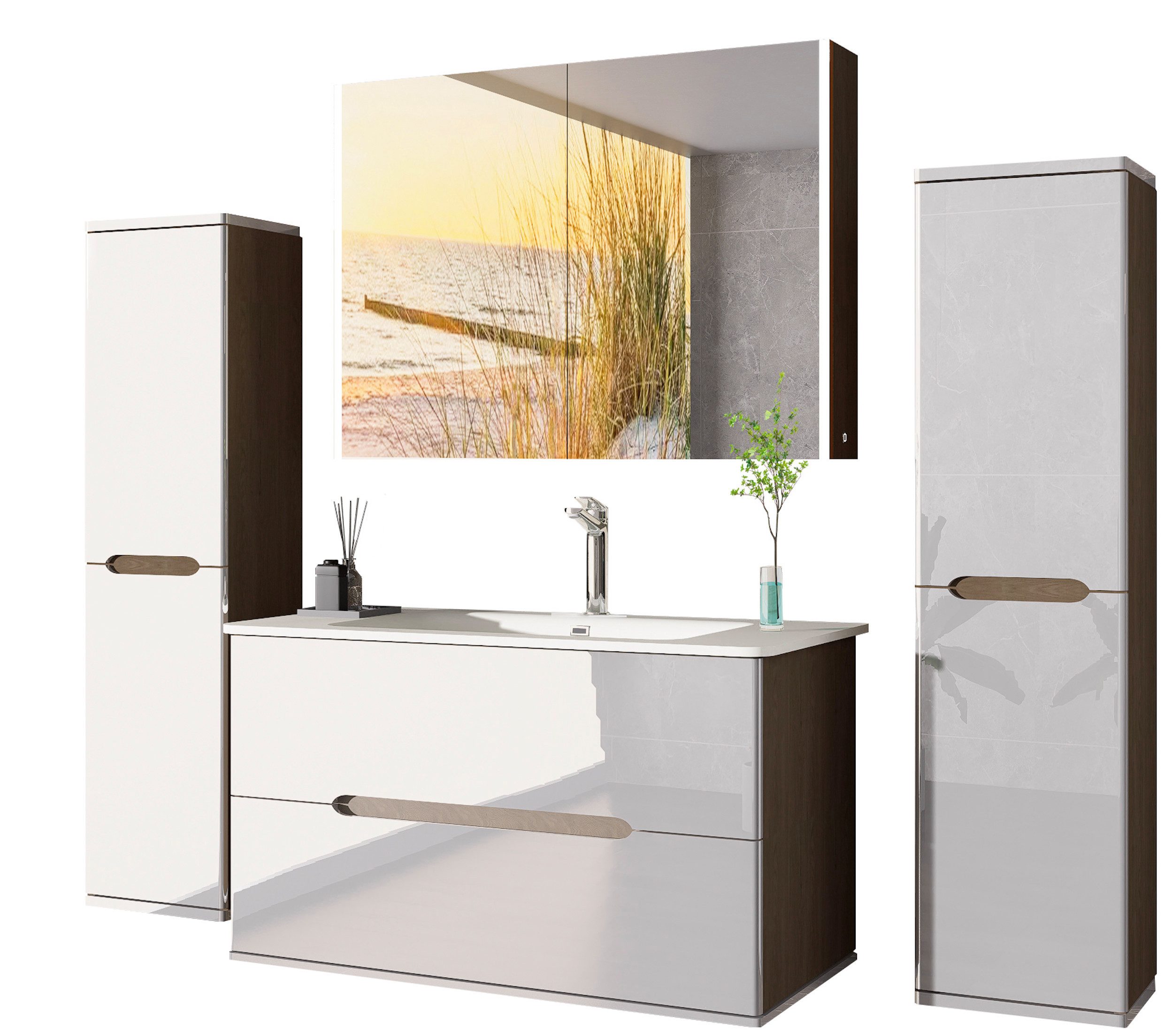 Homeline Badezimmer-Set Badezimmer Möbel Badmöbel Set Eiche/Weiß Hochglanz günstig online kaufen