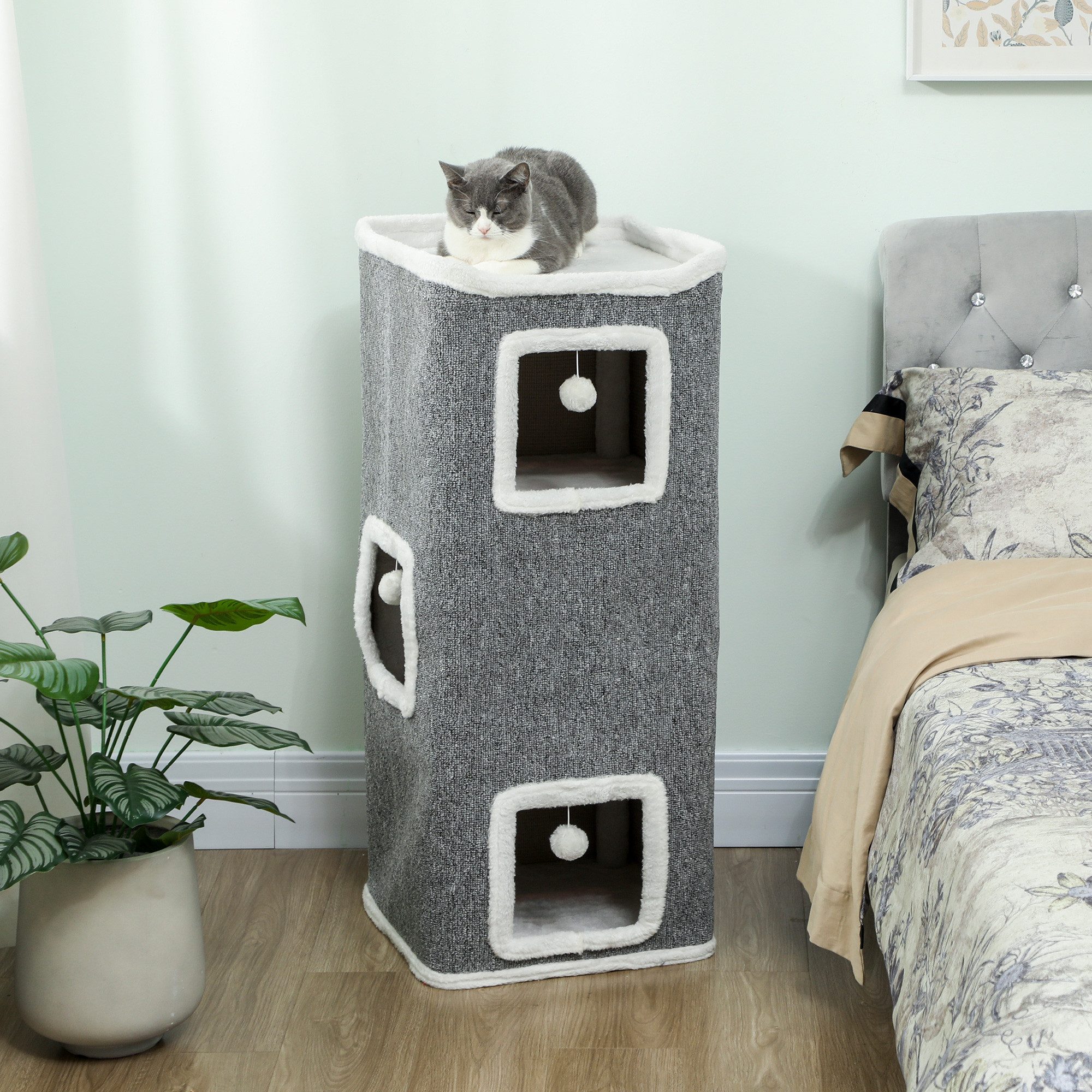 PawHut Kratztonne Katzenhöhle mit Spielball, Plüschrand, (vierstöckige Katzentonne, 1-tlg., Kratzbaum), 100 cm Hoch 41 x 41 cm, für 1-2 Katzen unter 7kg, Grau