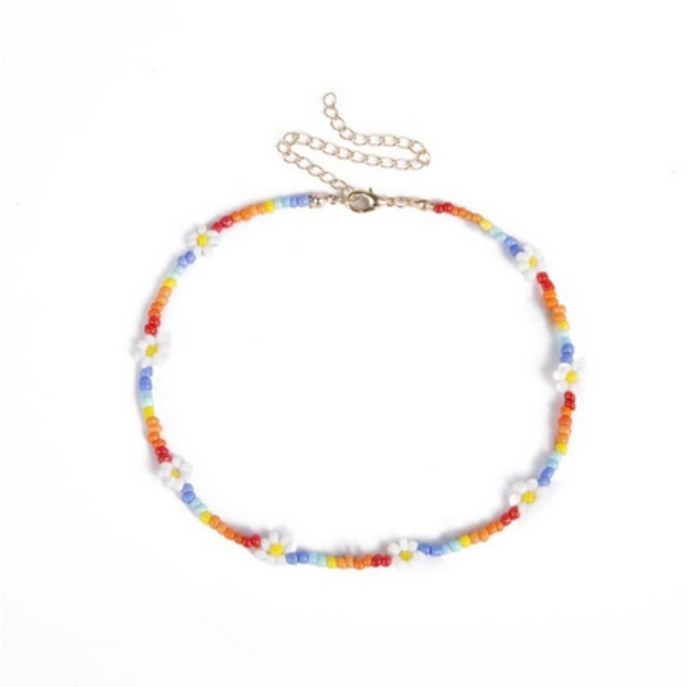 BUNGSA Goldkette Kette Choker Perlen bunt mit Blüten aus Kunststoff Damen (1-tlg), Halskette Necklace