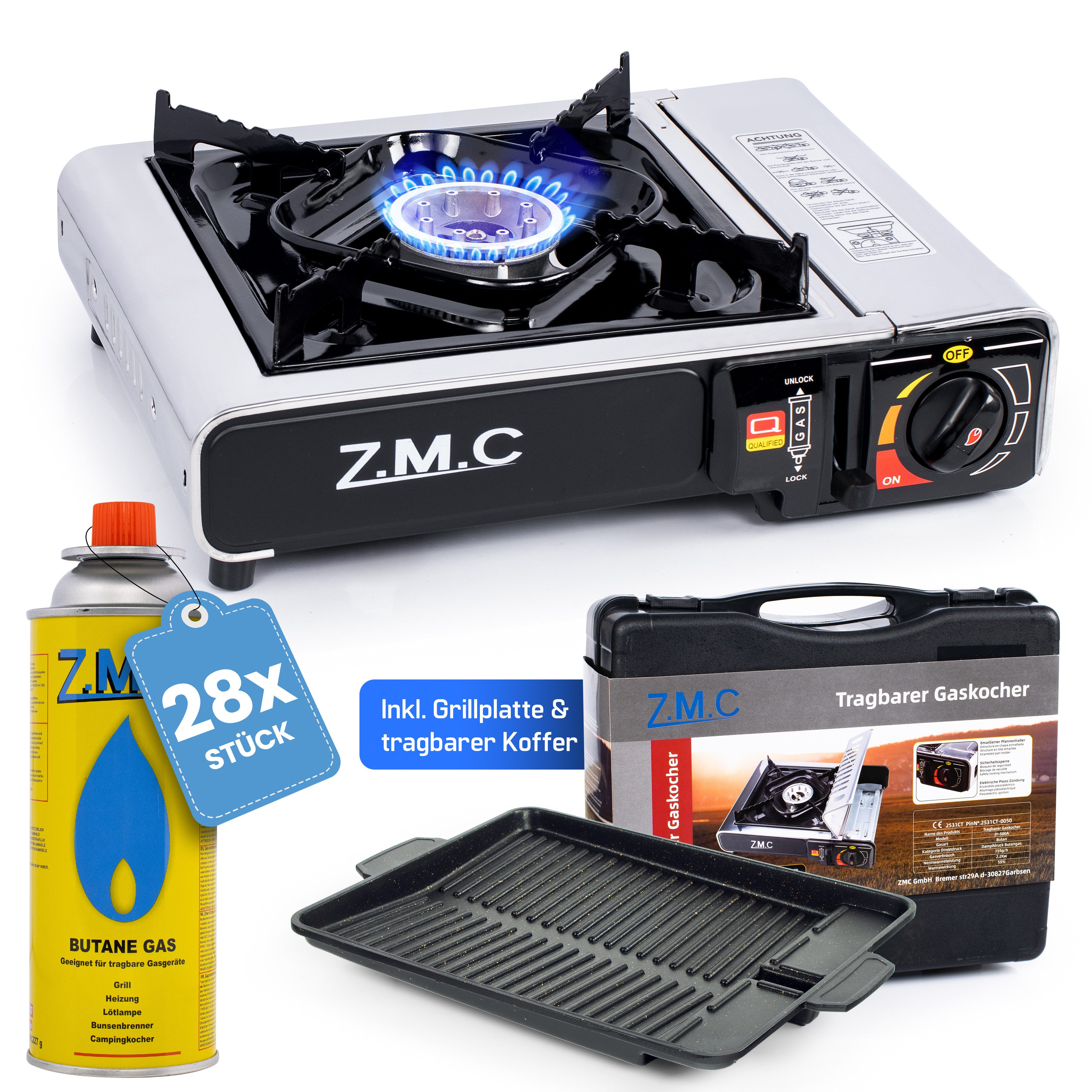 ZMC Gaskocher Edelstahl Gaskocher 1-flammig + Aufbewahrungskoffer + Gaskartuschen, (Butangas Campingkocher für Innenraum/Outdoor, Campinggaskocher 2,2 kW mit Piezozündung, Piezozündung), Kochfeld Gaskocher mit Kartusche, Gaskochfeld für Camping