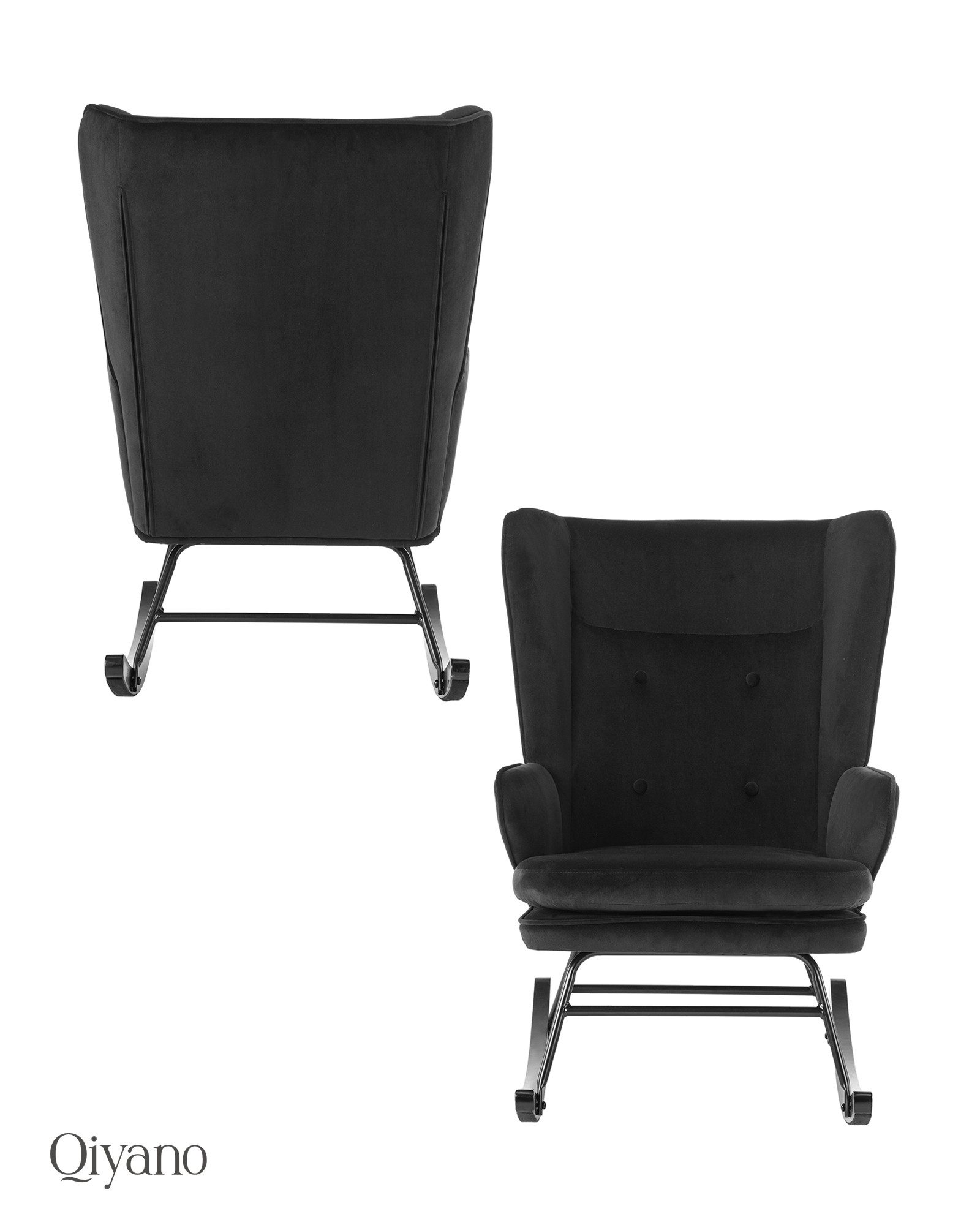 Qiyano Schaukelstuhl Thadia Schwarz Samtstoff mit Metallgestell und Holzkuf günstig online kaufen