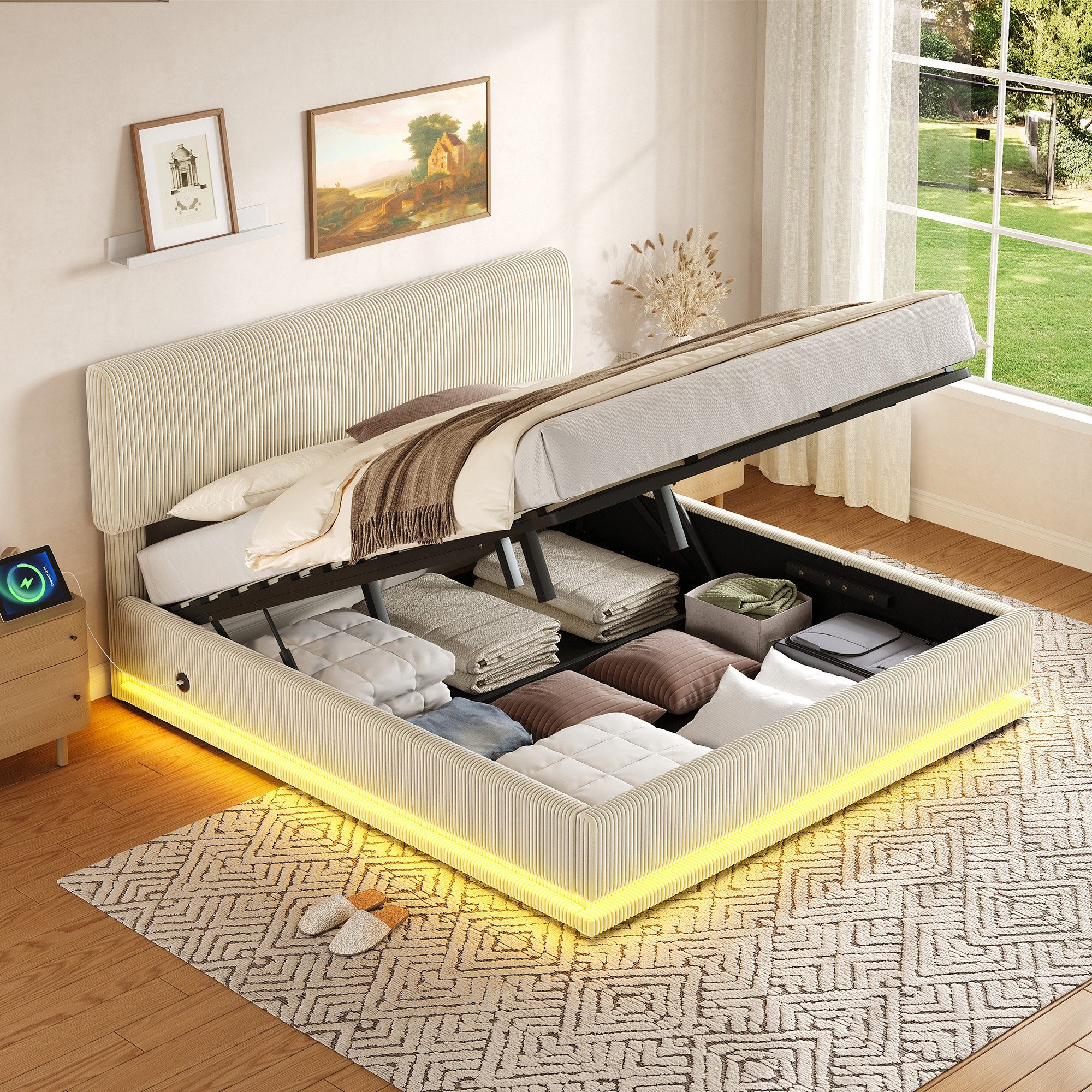 OKWISH Polsterbett Stauraumbett Kinderbett (mit LED-Beleuchtung, USB-C-Ladefunktion und höhenverstellbarem Kopfteil – Cord-Stoff, stabiler Lattenrost und großer Stauraum, 180x200cm), ohne Matratze