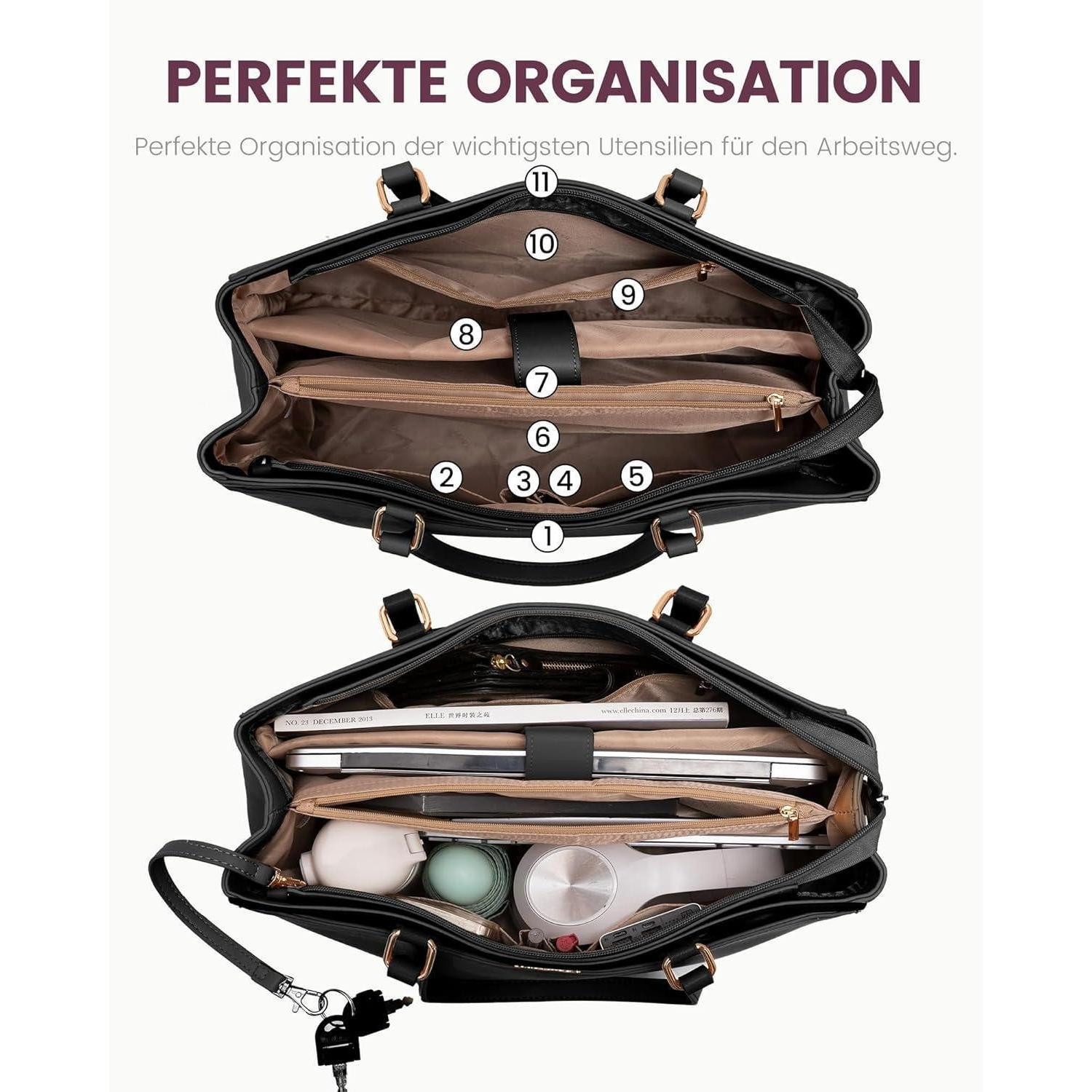 LuxusKollektion Aktentasche Damen Aktentasche 15,6 Zoll Schwarz Groß Leicht Elegant Business